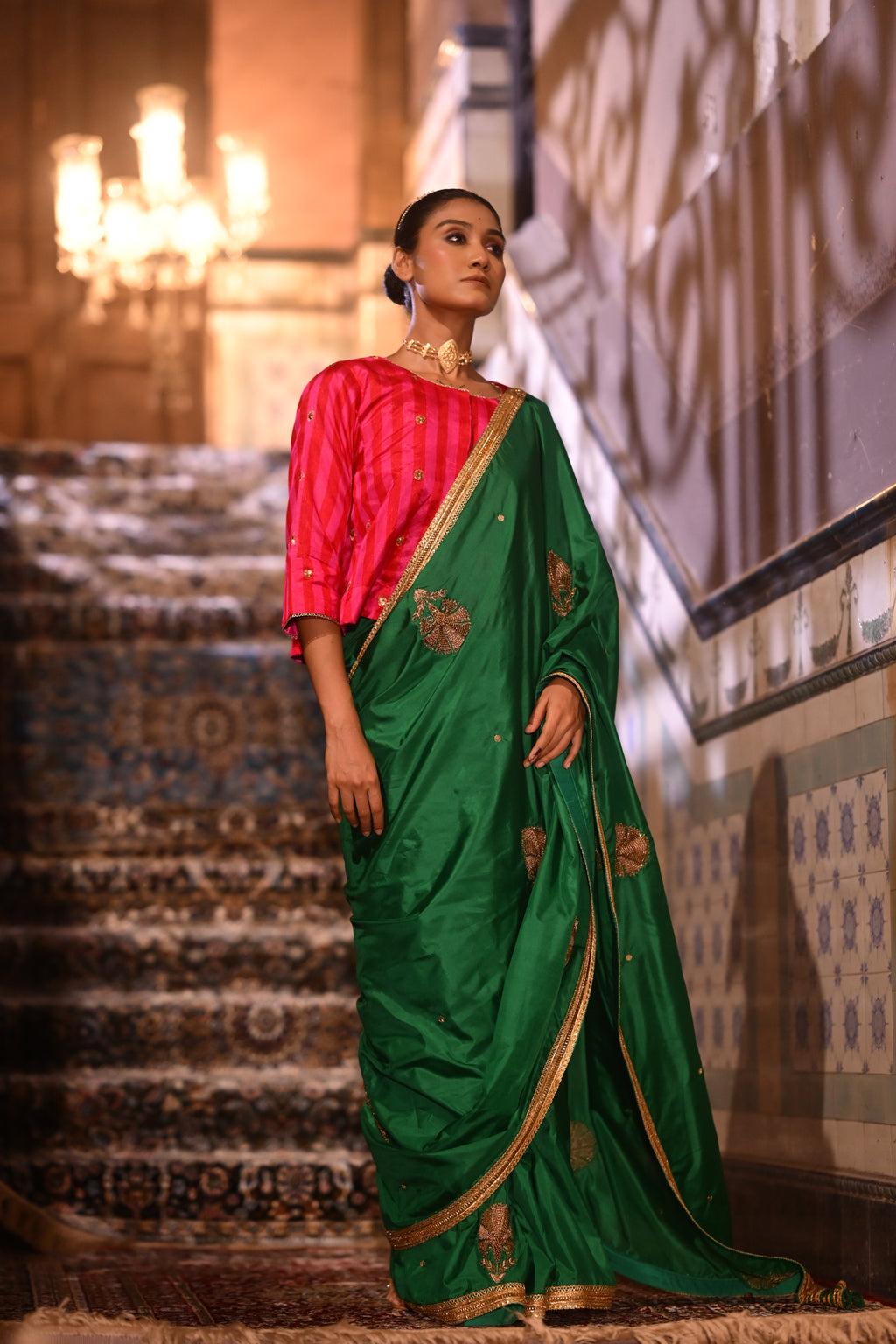 Reshma Blouse in Red & Pink Pure Chanderi Silk Stripe