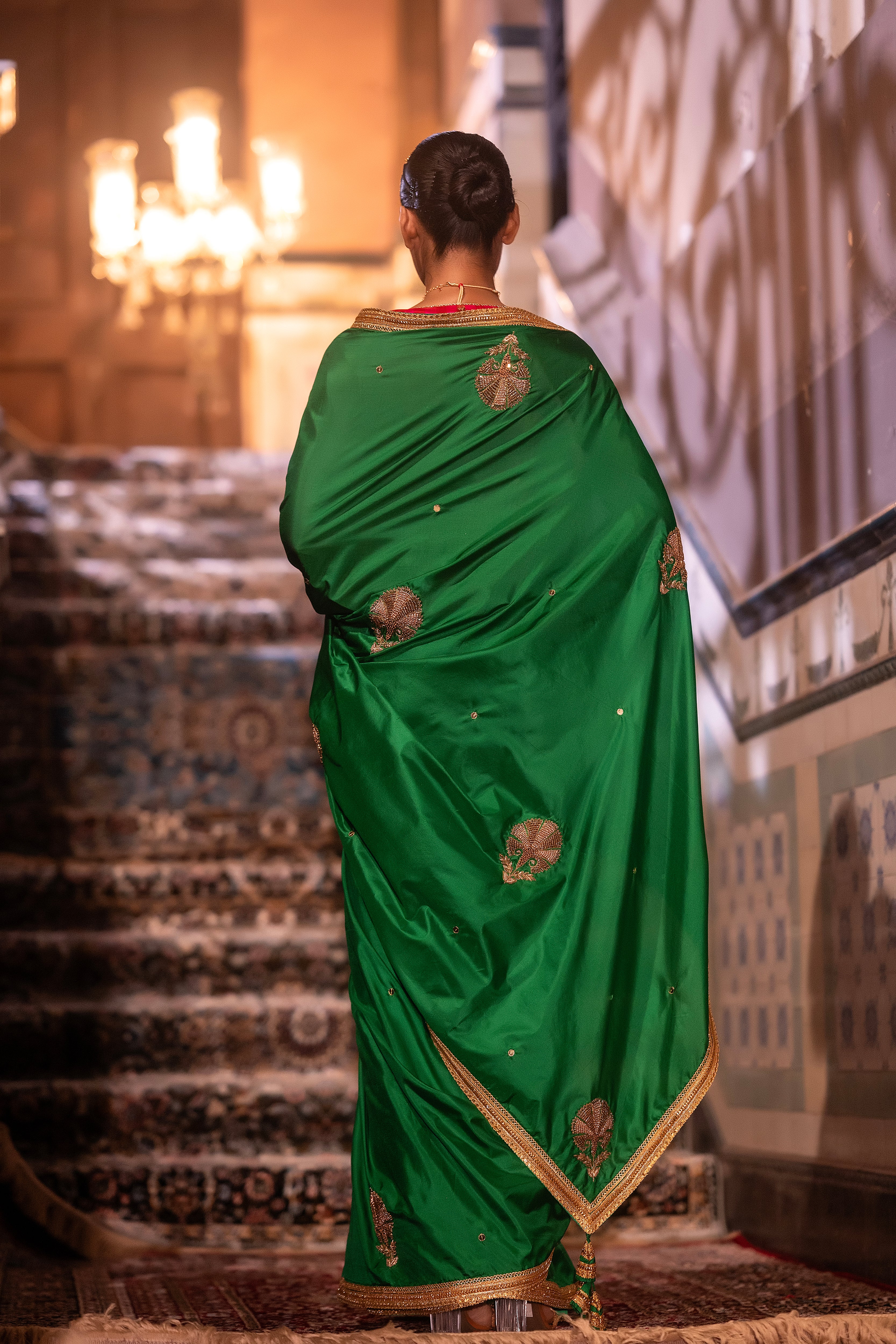 Mughal Saree In Green Silk