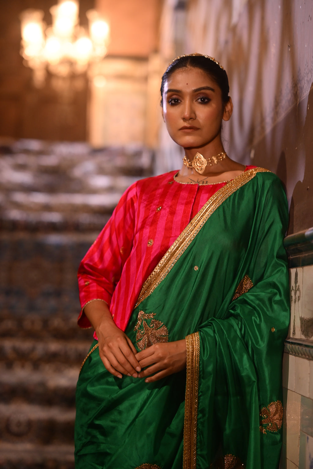Reshma Blouse in Red & Pink Pure Chanderi Silk Stripe