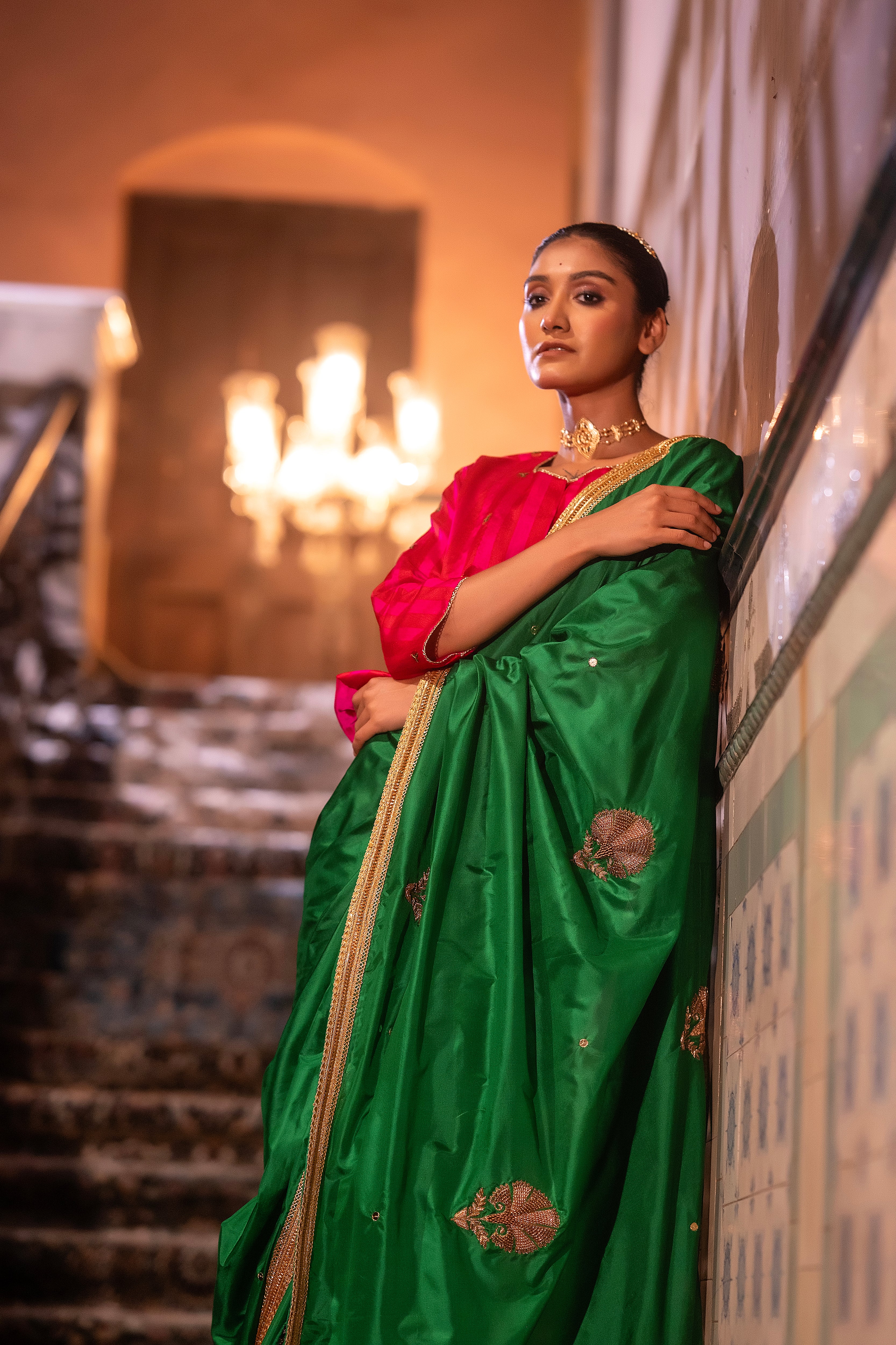 Mughal Saree In Green Silk