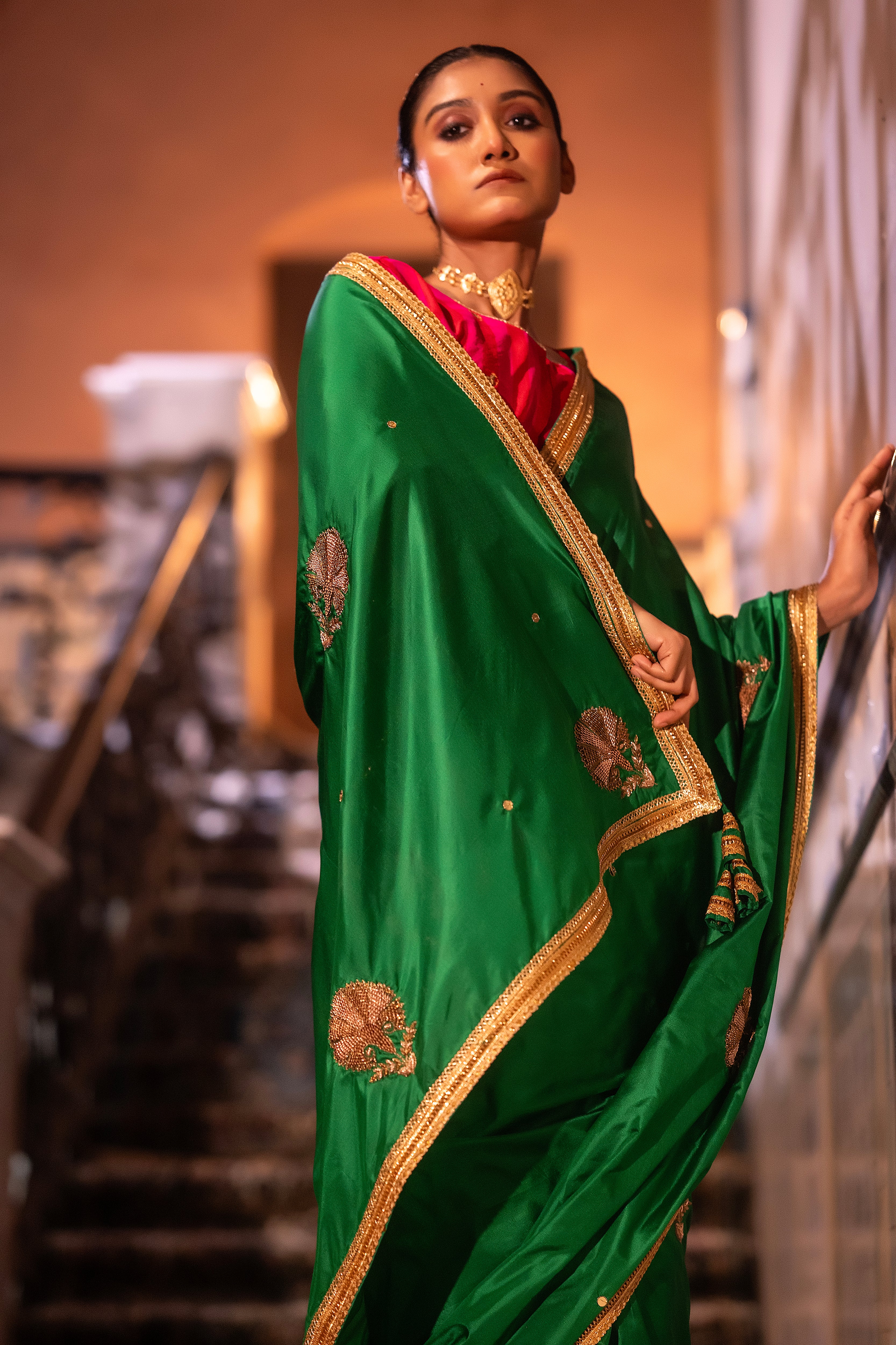 Mughal Saree In Green Silk