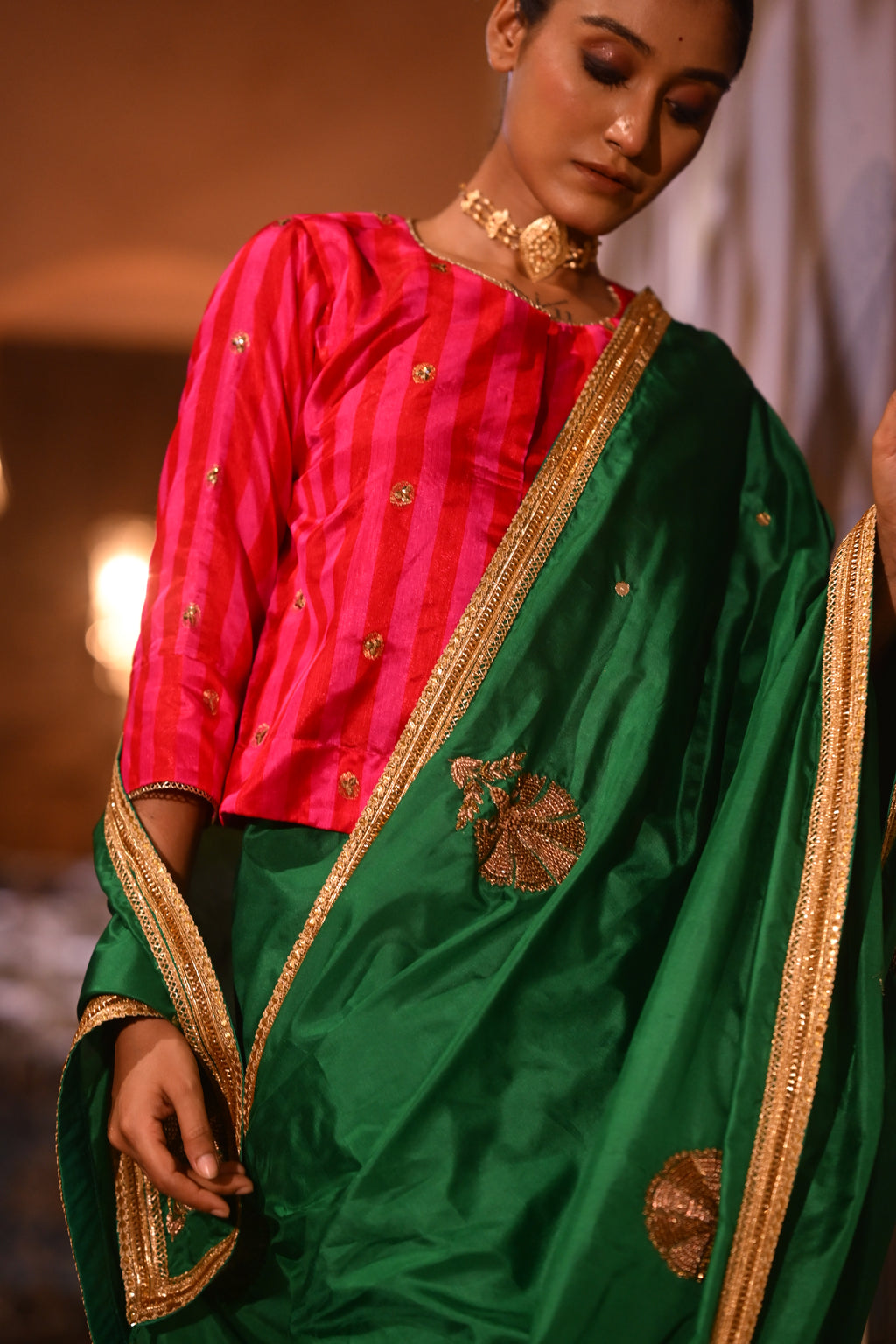 Reshma Blouse in Red & Pink Pure Chanderi Silk Stripe