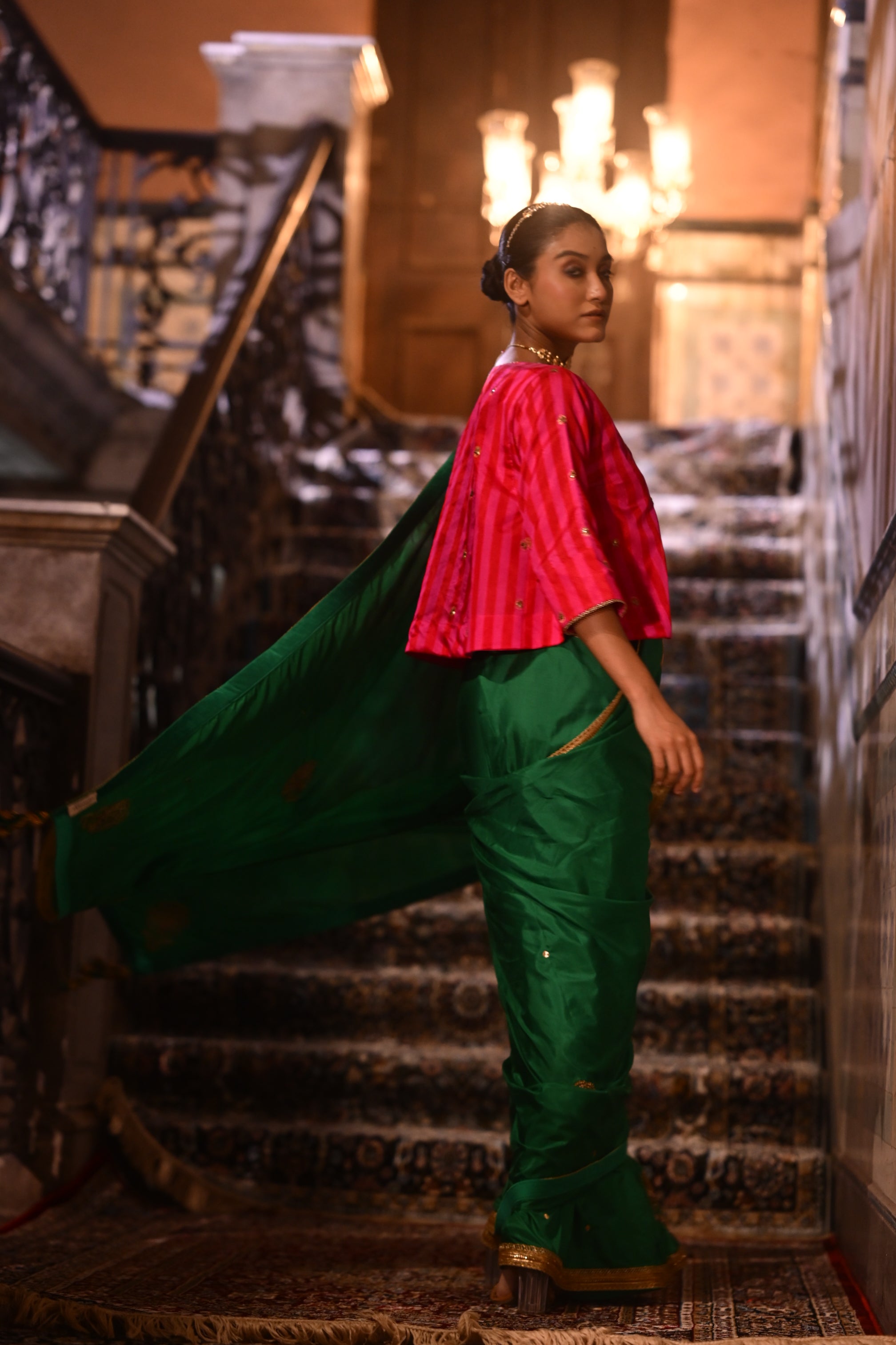 Reshma Blouse in Red & Pink Pure Chanderi Silk Stripe