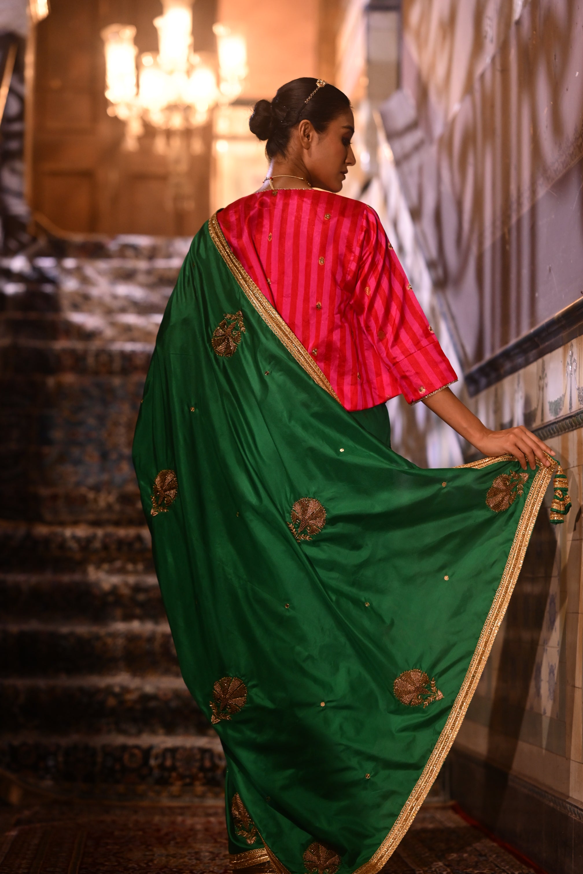 Reshma Blouse in Red & Pink Pure Chanderi Silk Stripe