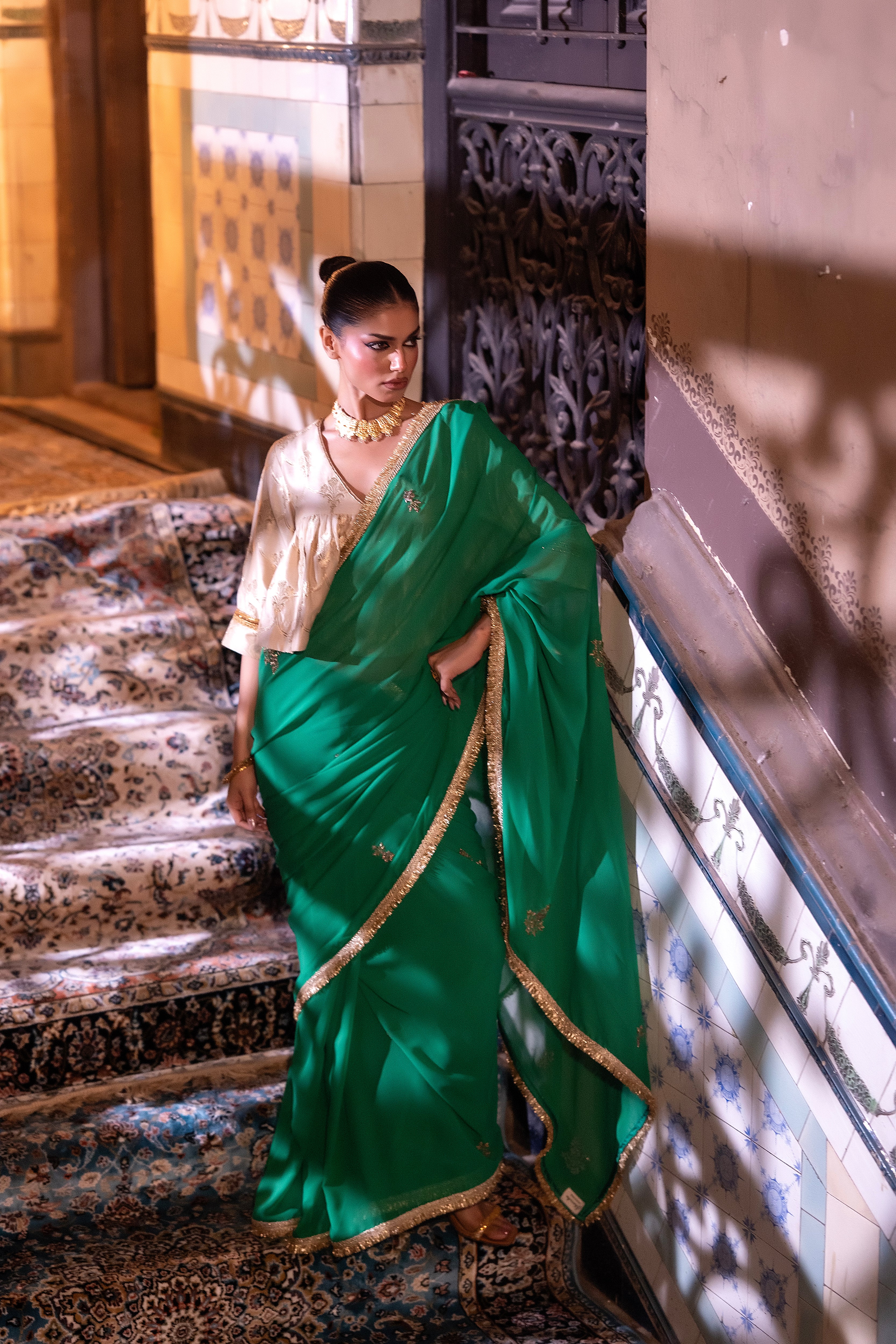 Gota Phool Saree In Green Georgette