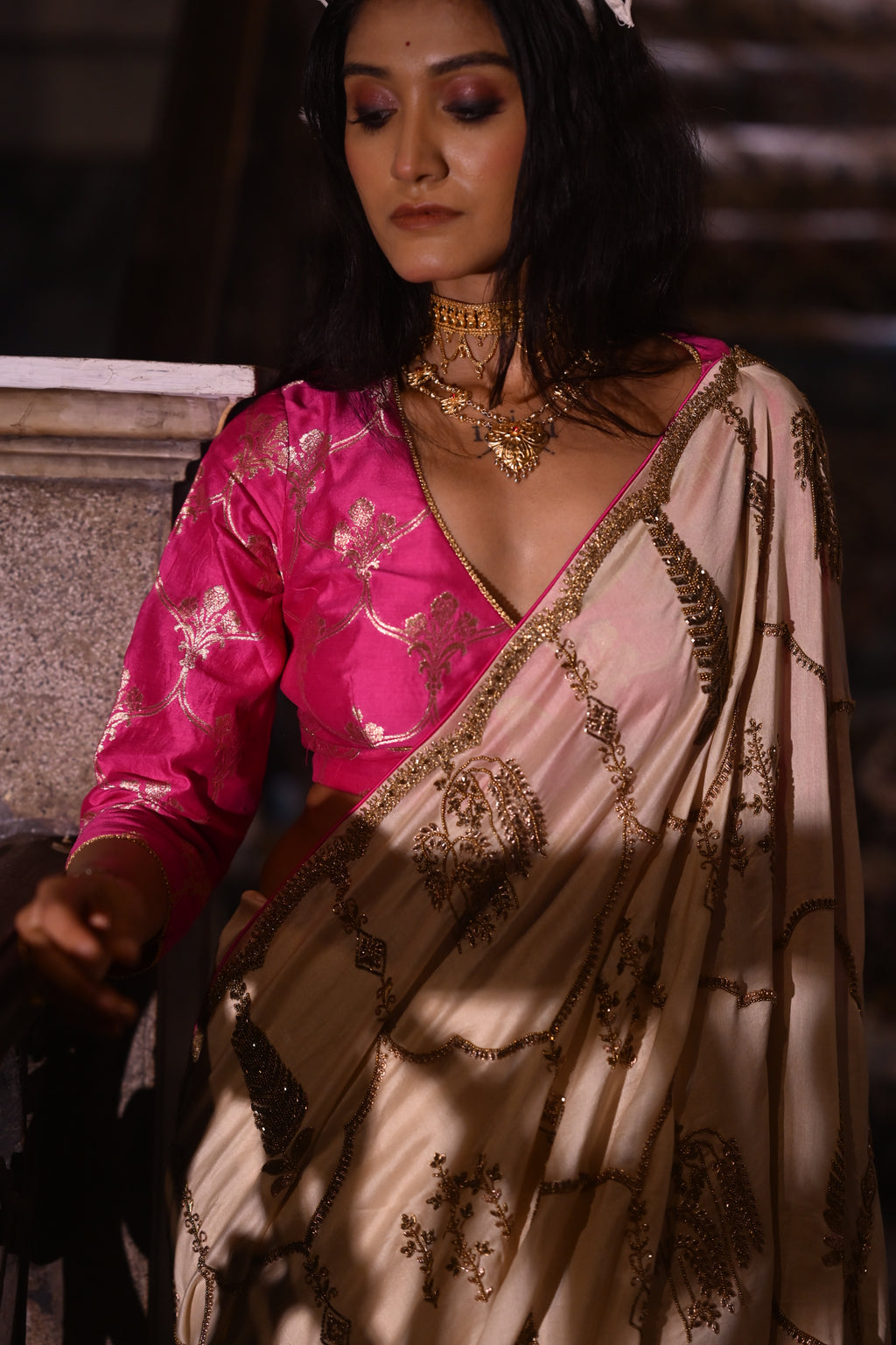 Nina Blouse in Hot Pink Brocade