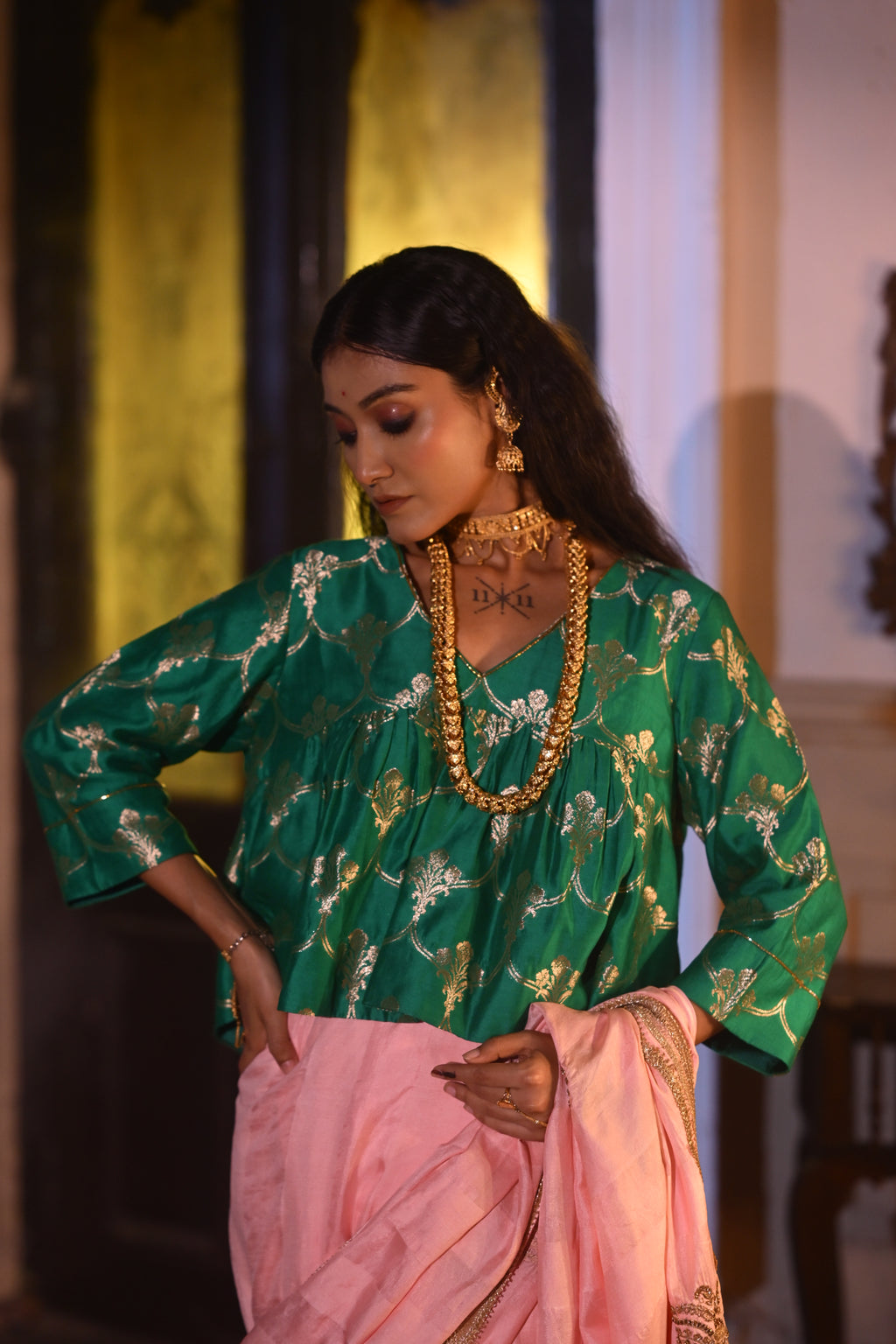 Mumtaz Kediya Blouse in Green Brocade