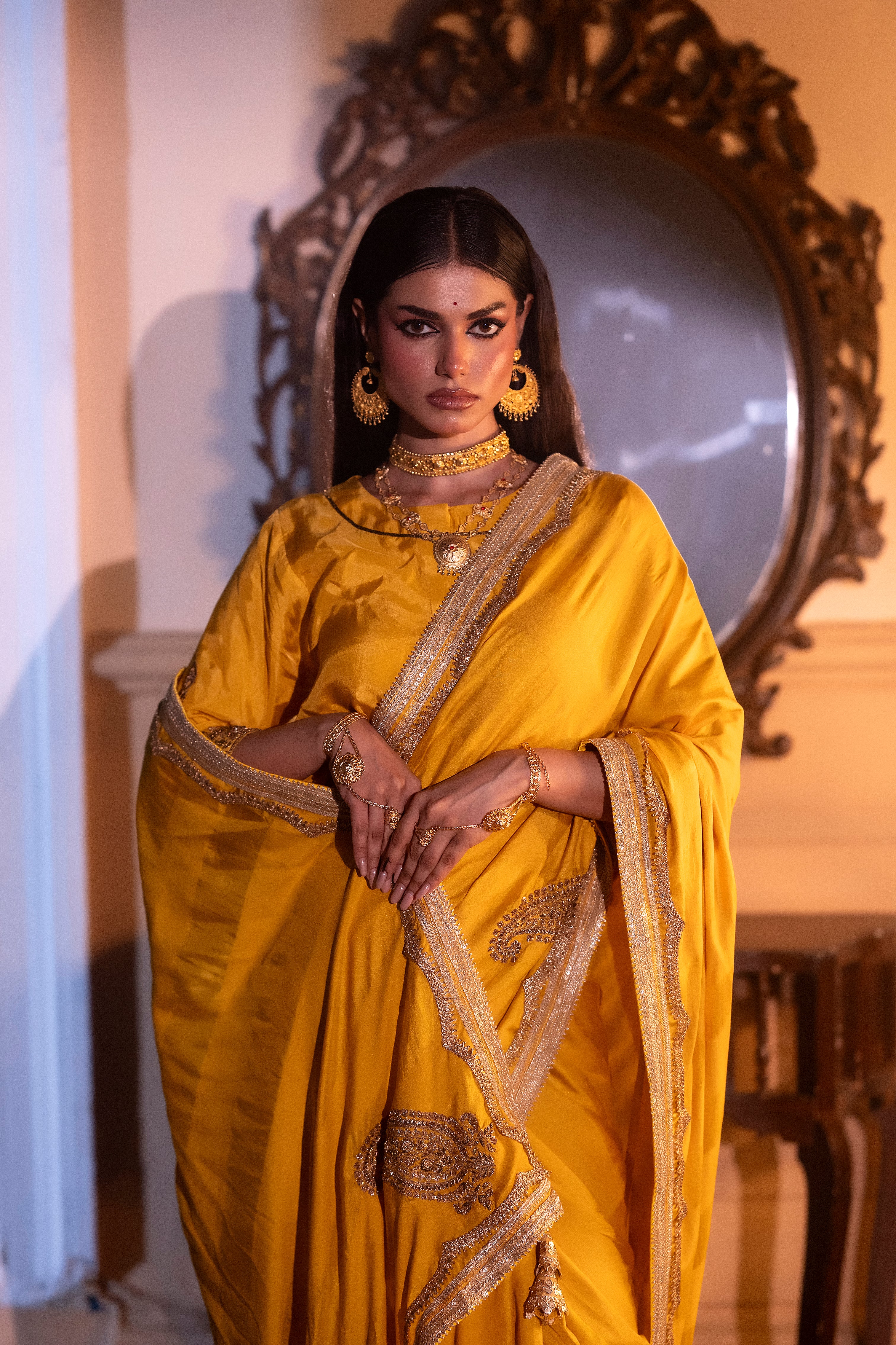 Kolka Saree in Yellow Silk Satin Stripe