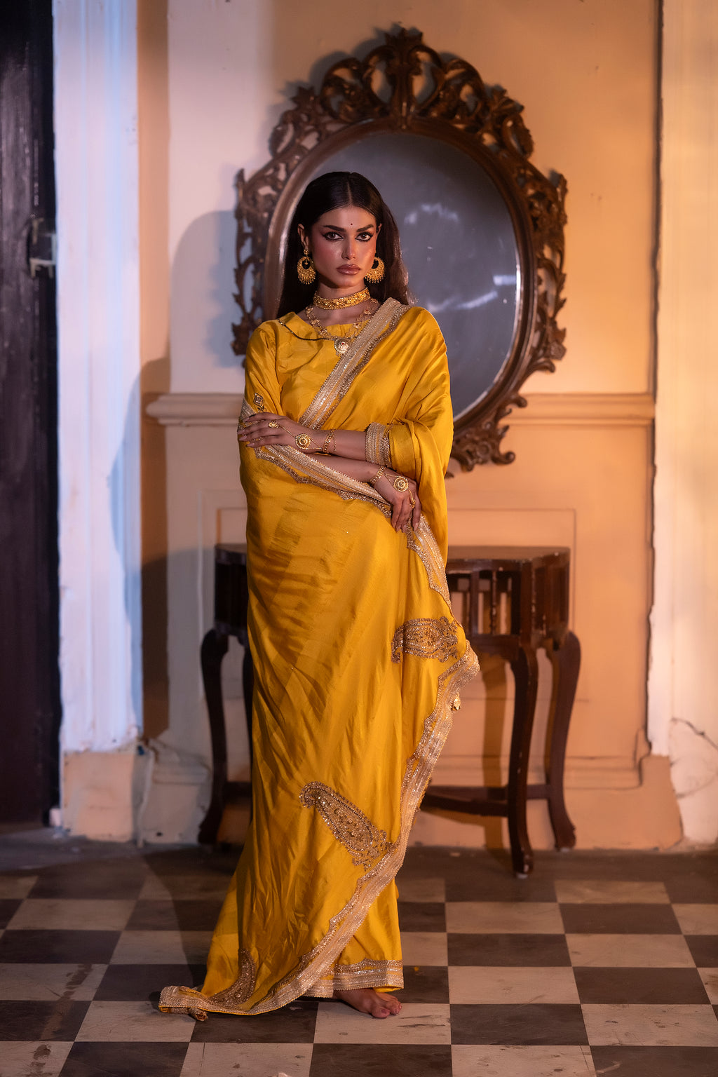 Kolka Saree in Yellow Silk Satin Stripe