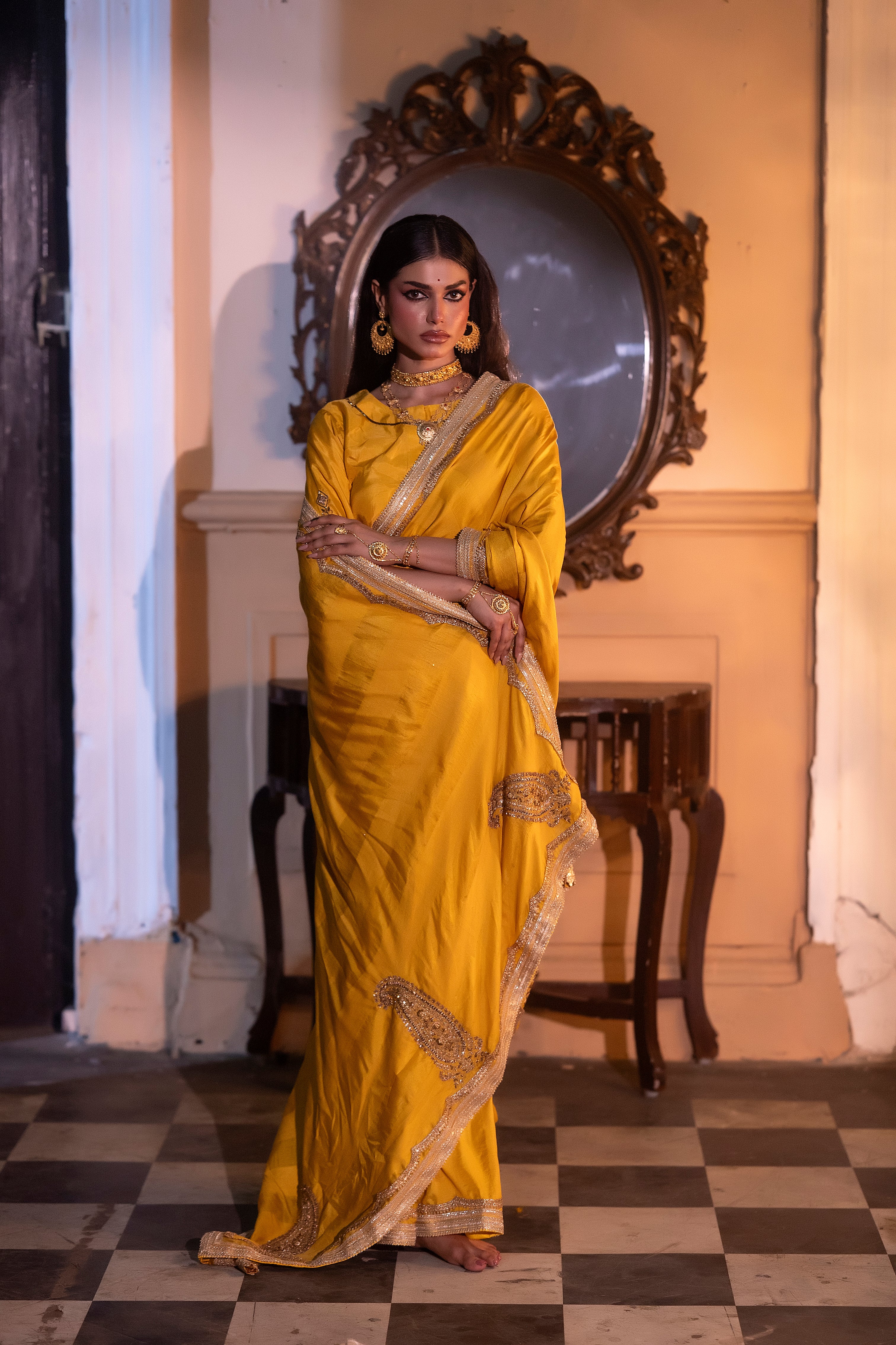 Kolka Saree in Yellow Silk Satin Stripe