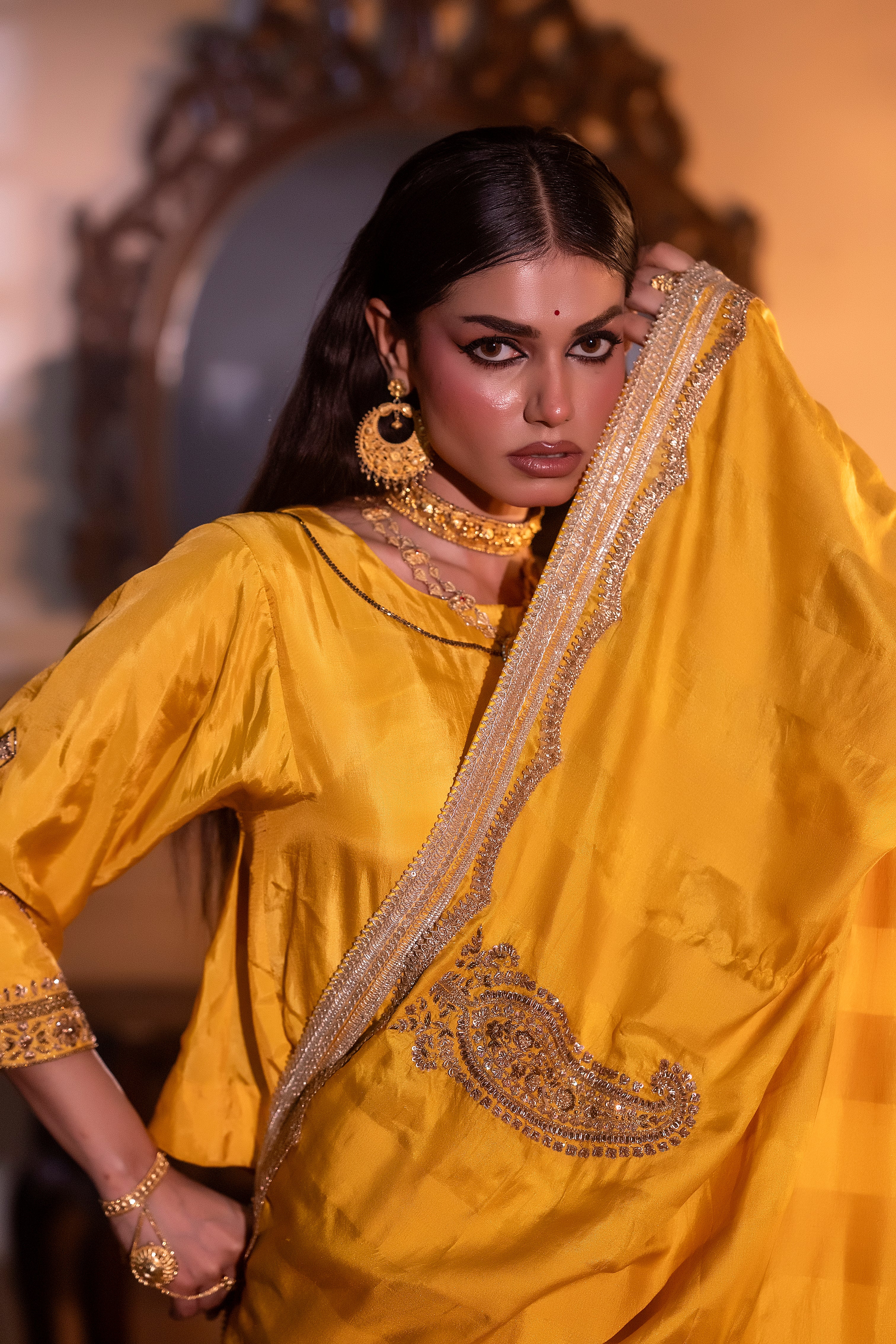 Kolka Saree in Yellow Silk Satin Stripe