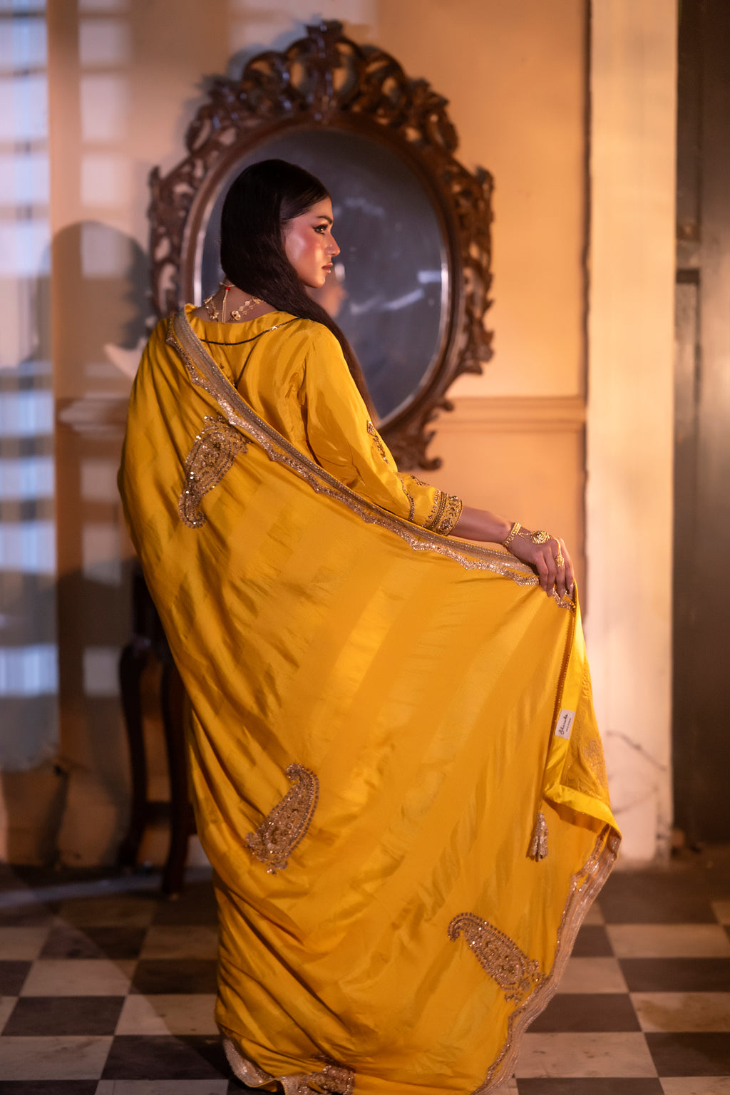 Kolka Saree in Yellow Silk Satin Stripe