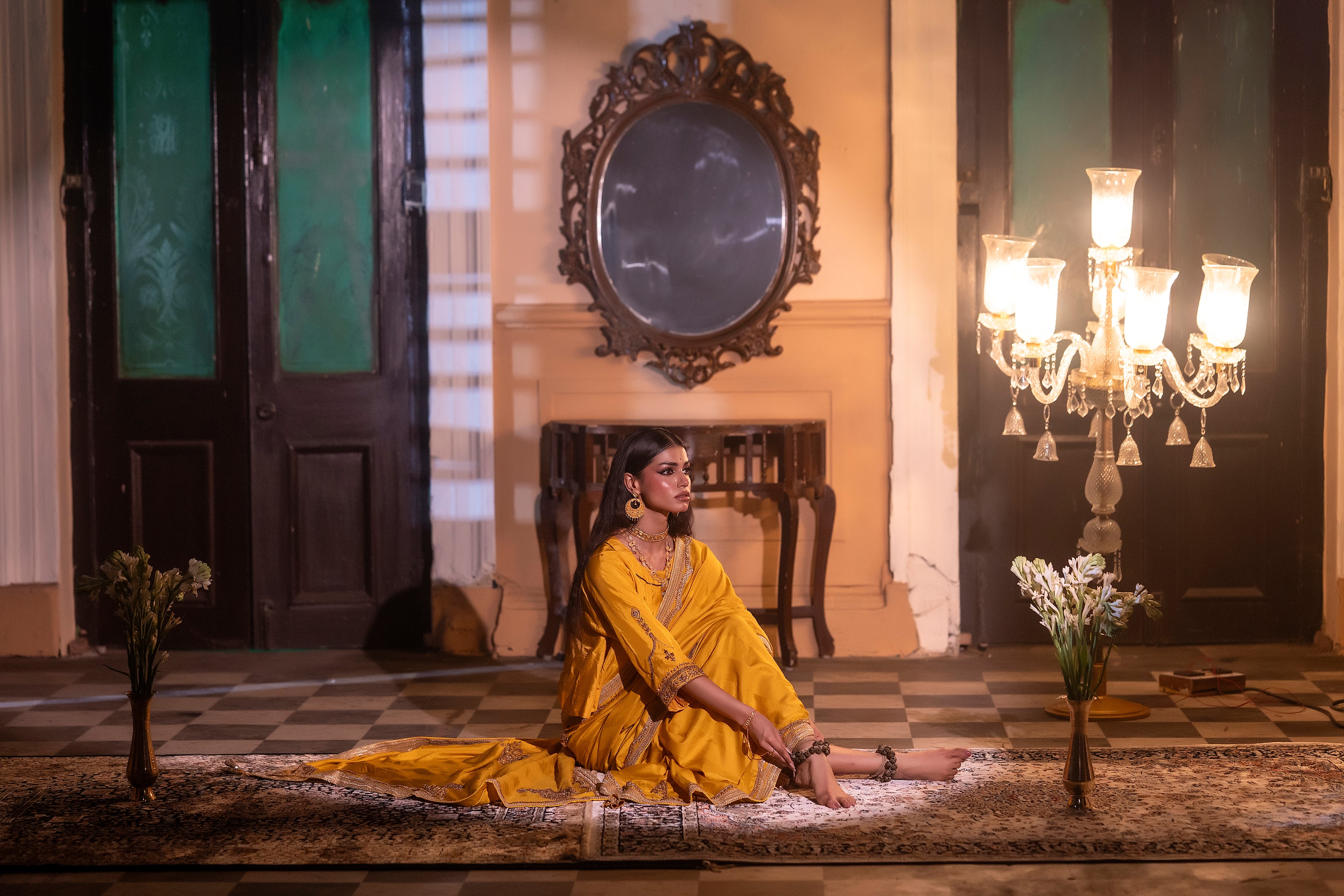 Kolka Saree in Yellow Silk Satin Stripe