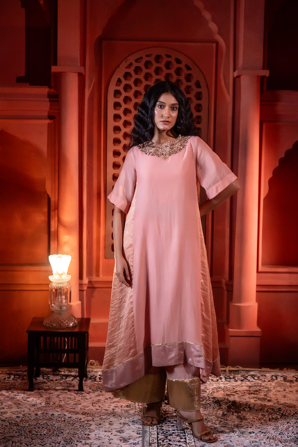 Mehr kurta in Dusty Pink Chanderi with Dusty Pink Farshi