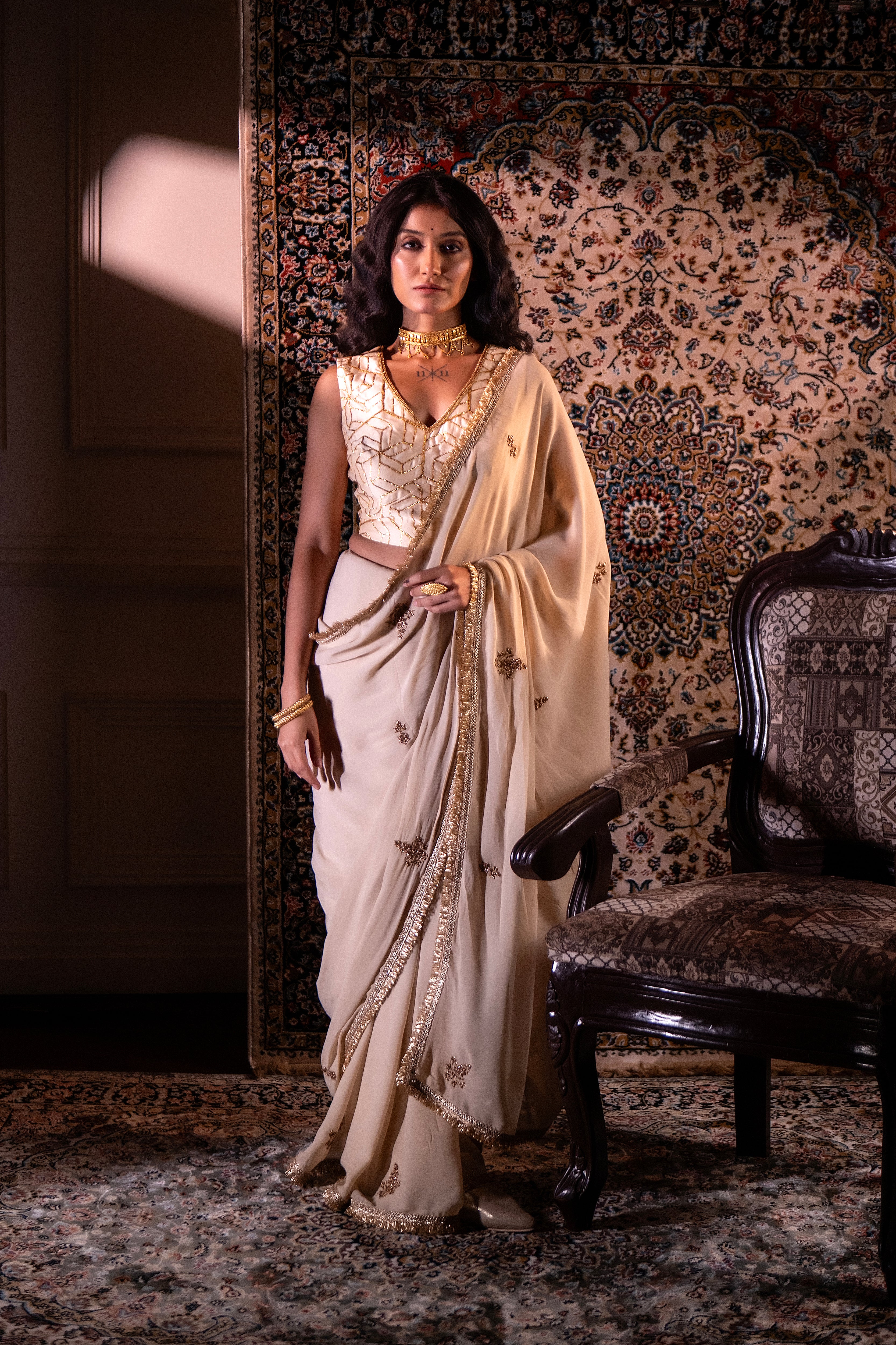 Gota Phool Saree In Ivory Georgette