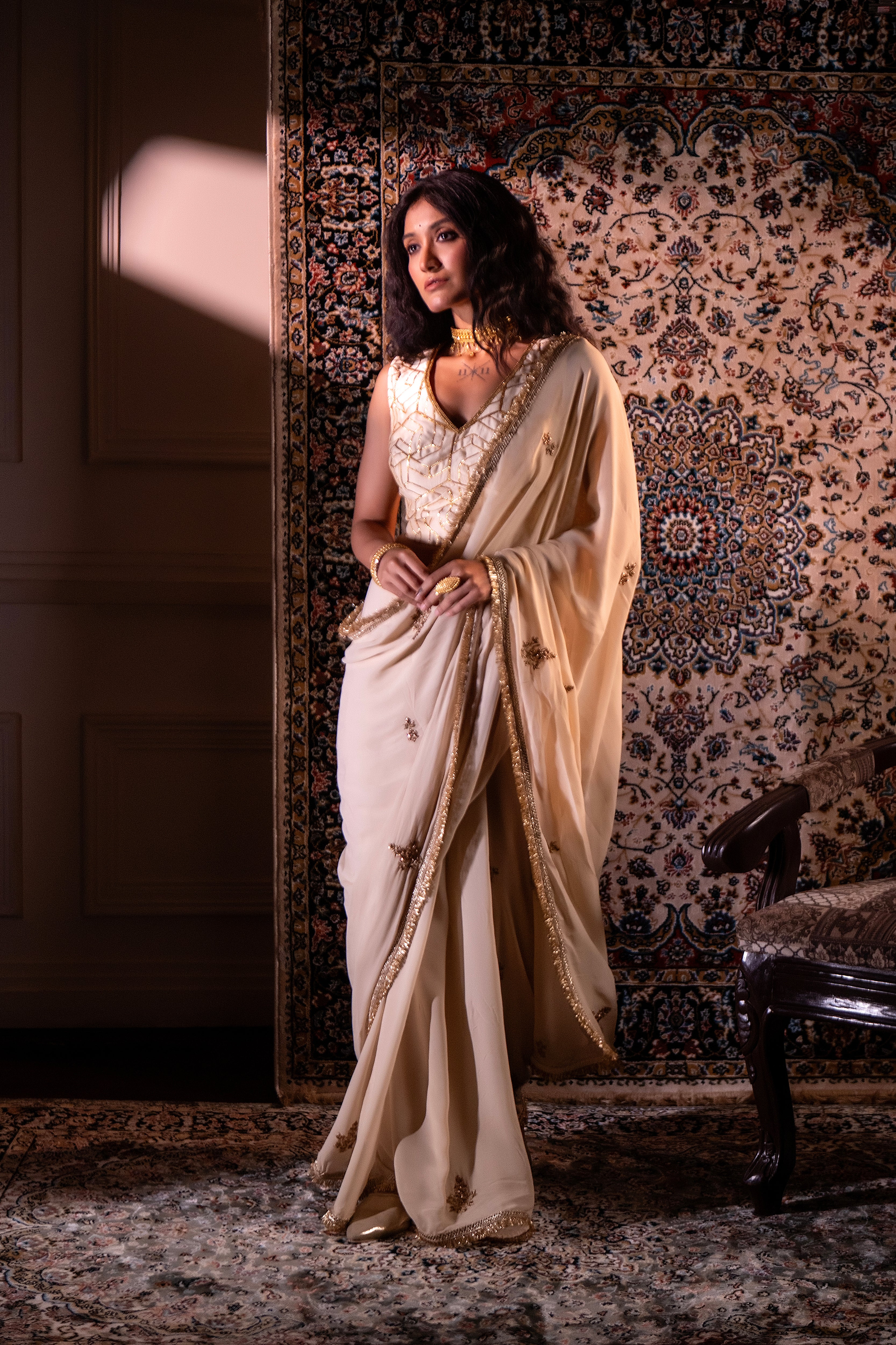 Gota Phool Saree In Ivory Georgette