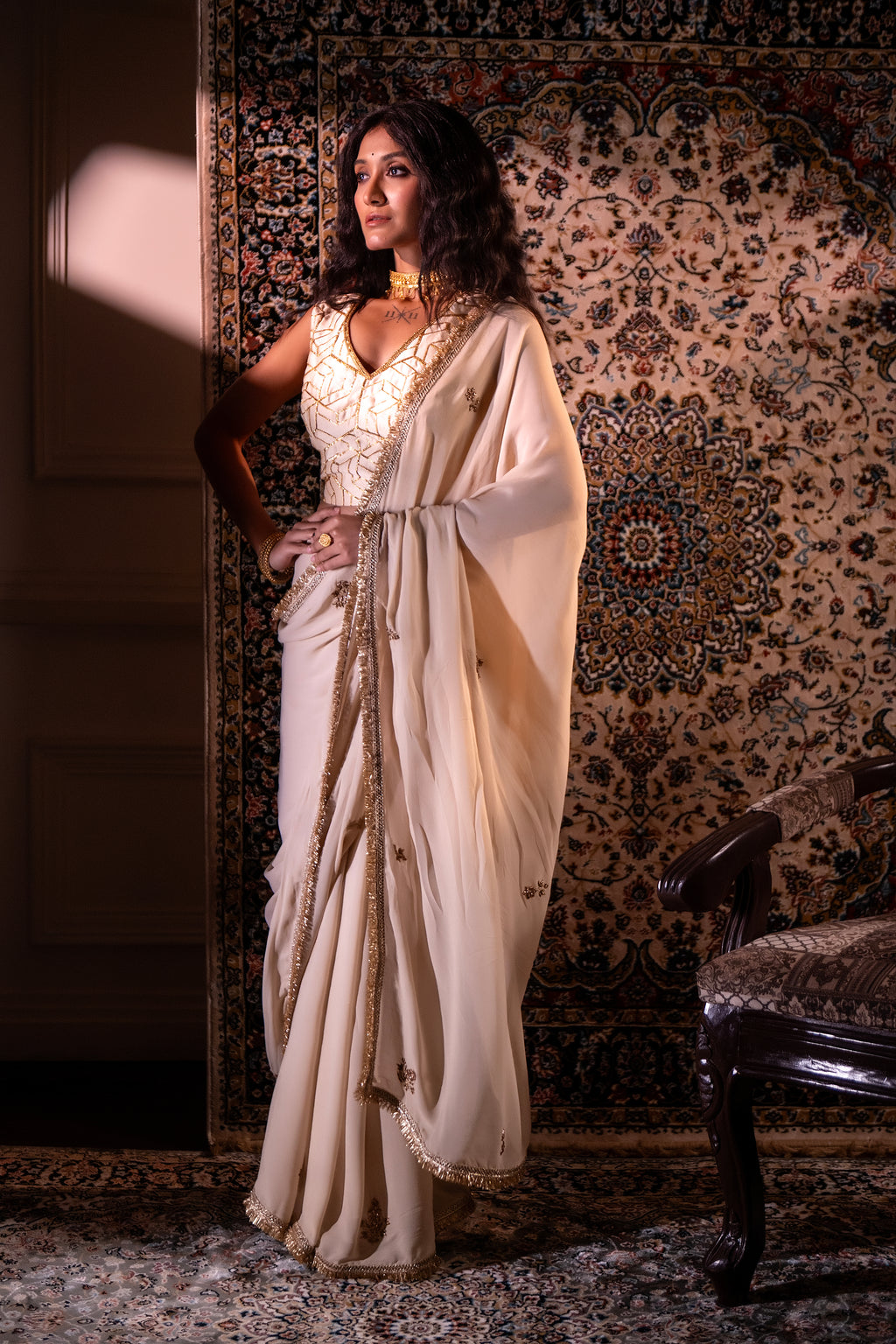 Gota Phool Saree In Ivory Georgette