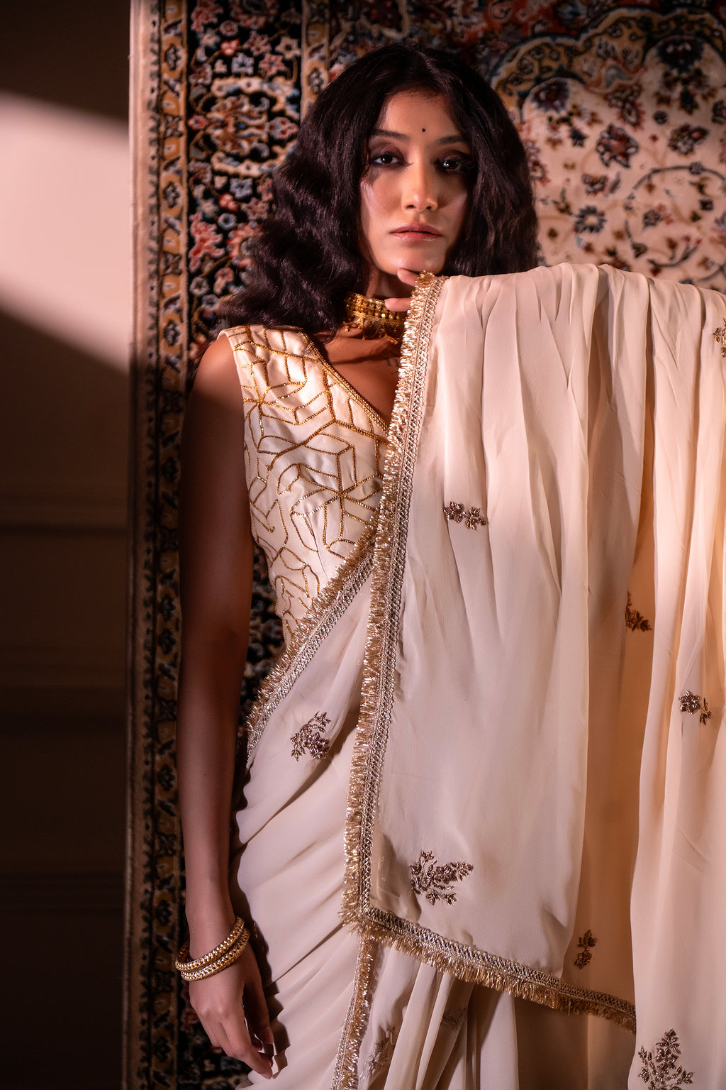 Gota Phool Saree In Ivory Georgette