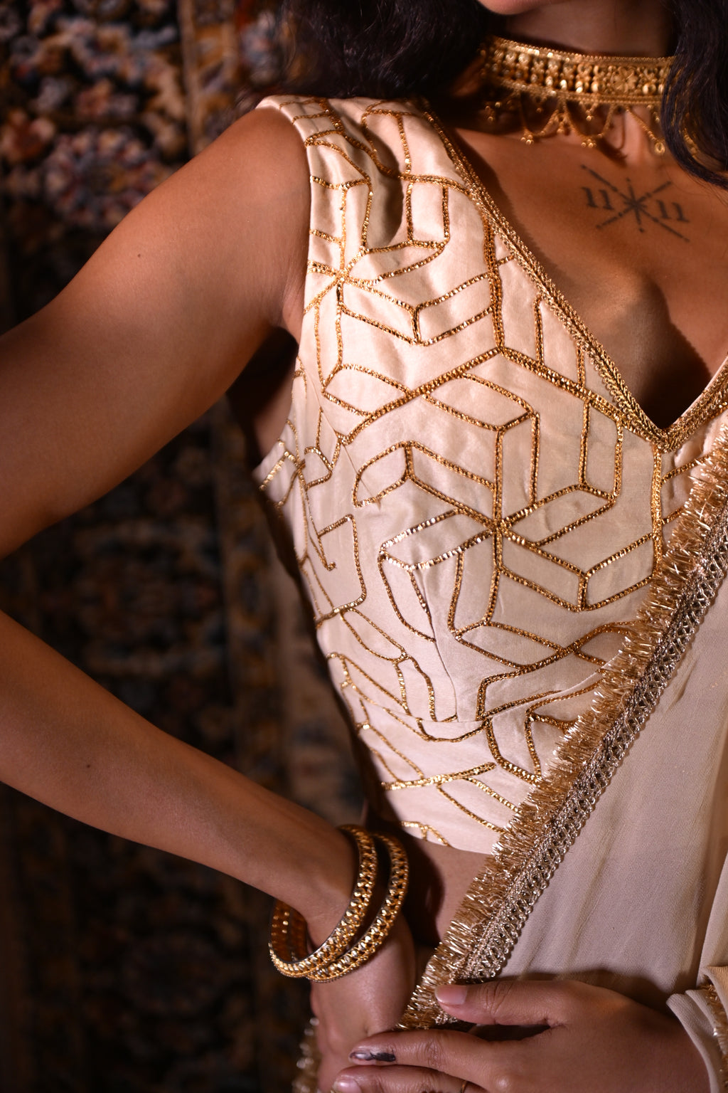 Sleeveless Gota Blouse in Ivory Octa Gota Chanderi