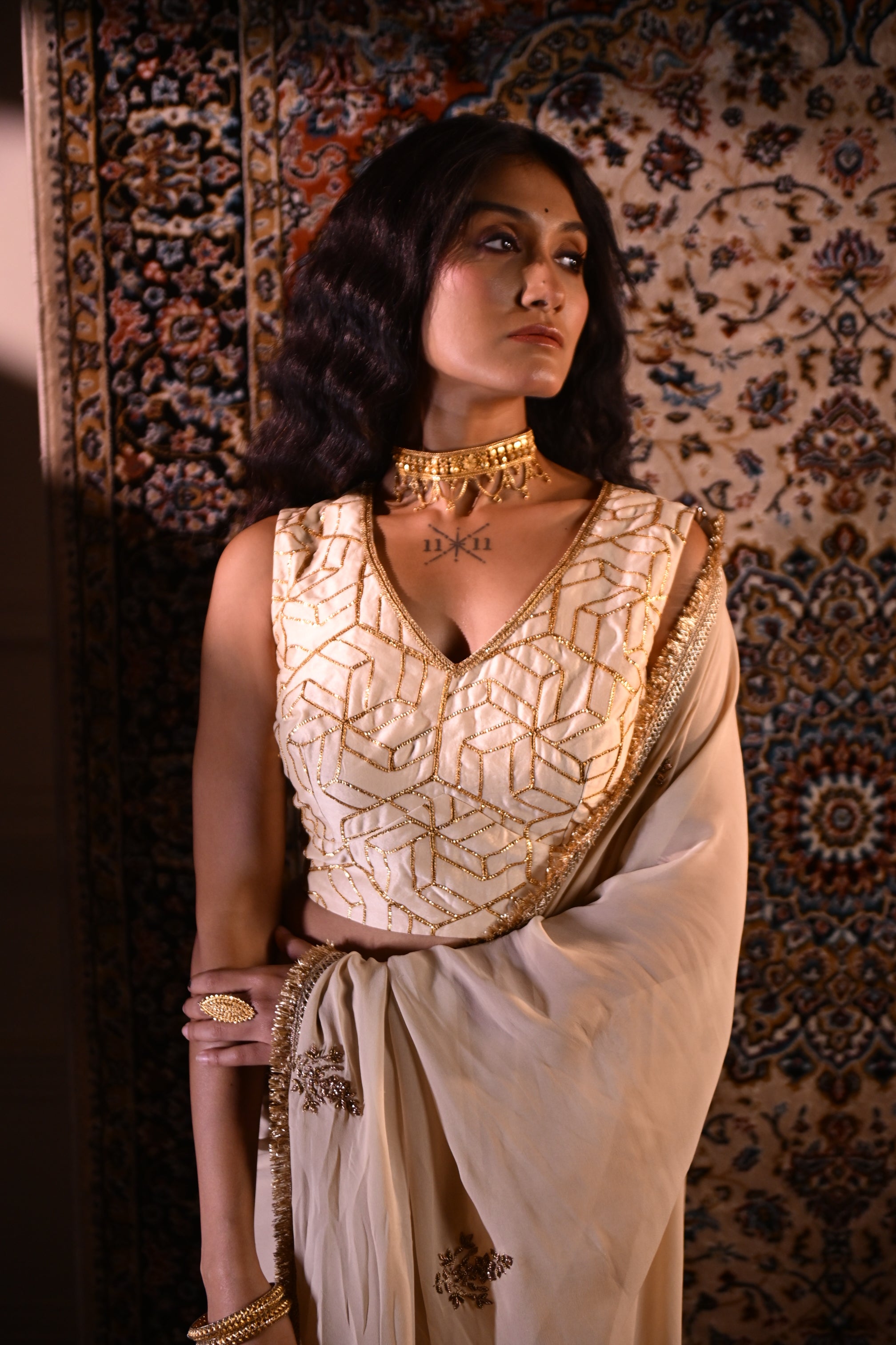 Sleeveless Gota Blouse in Ivory Octa Gota Chanderi