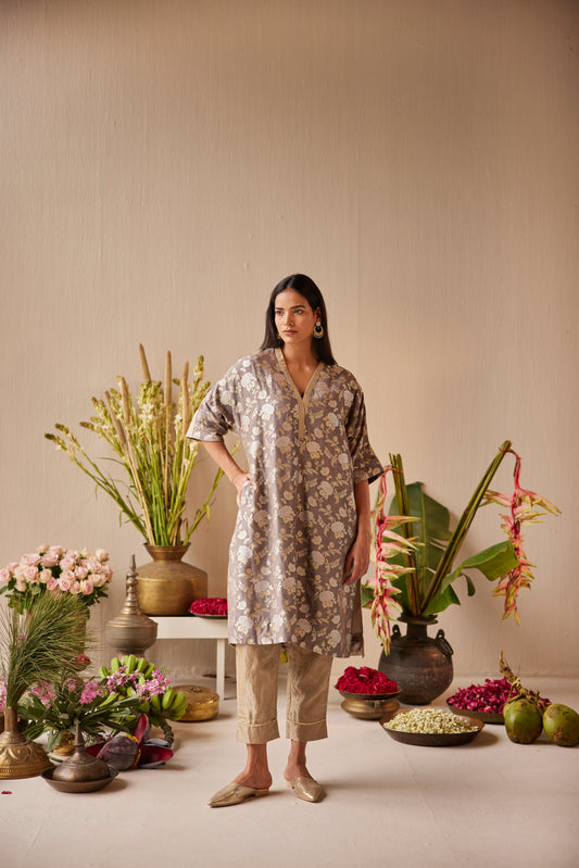 Shahi Kaftan in Grey Brocade with Champagne Grey Tissue Pant