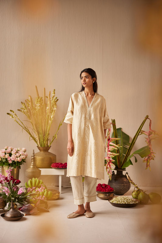 Shahi Kaftan in Ivory Brocade with Ivory Tissue Pant