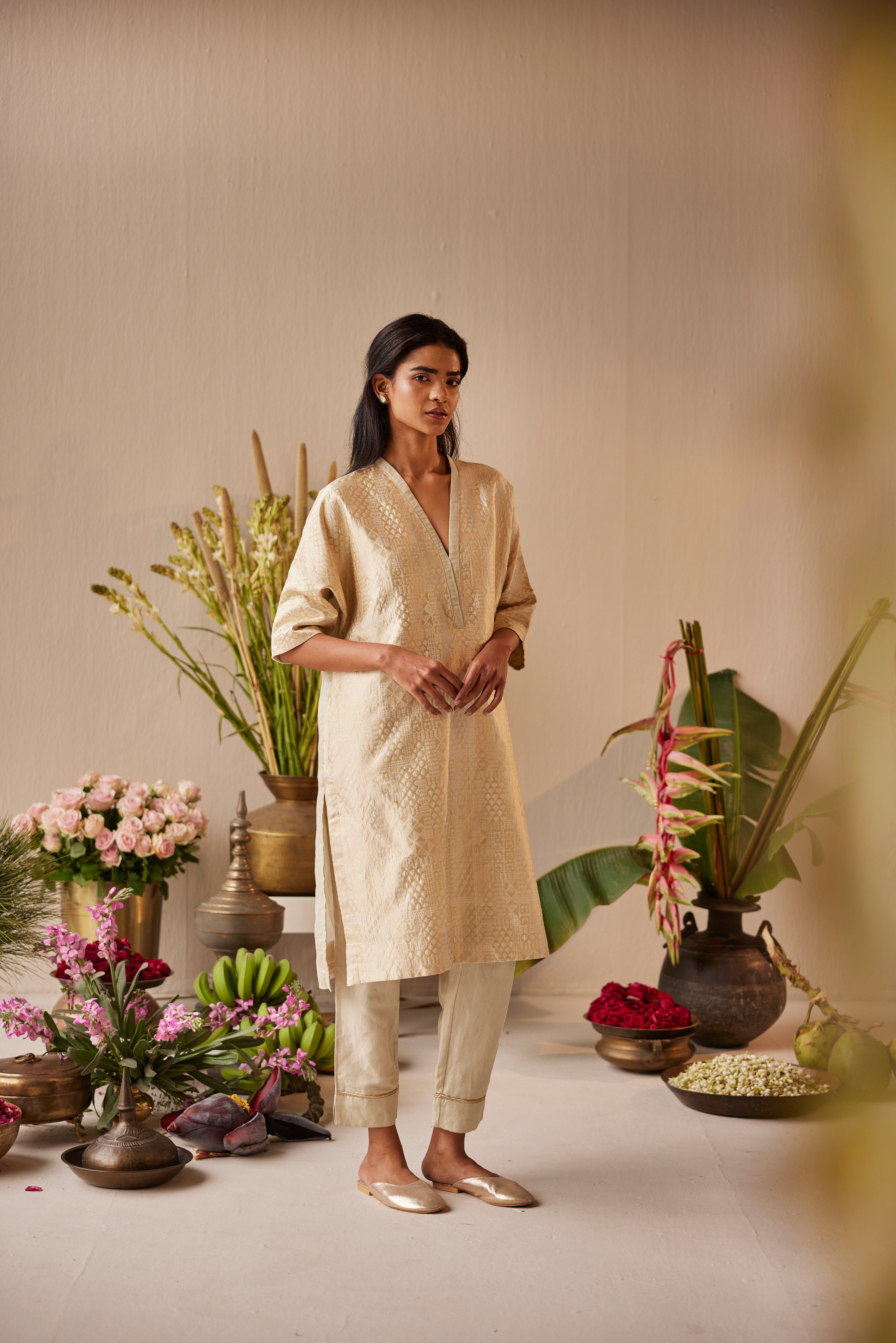 Shahi Kaftan in Ivory Brocade with Ivory Tissue Pant