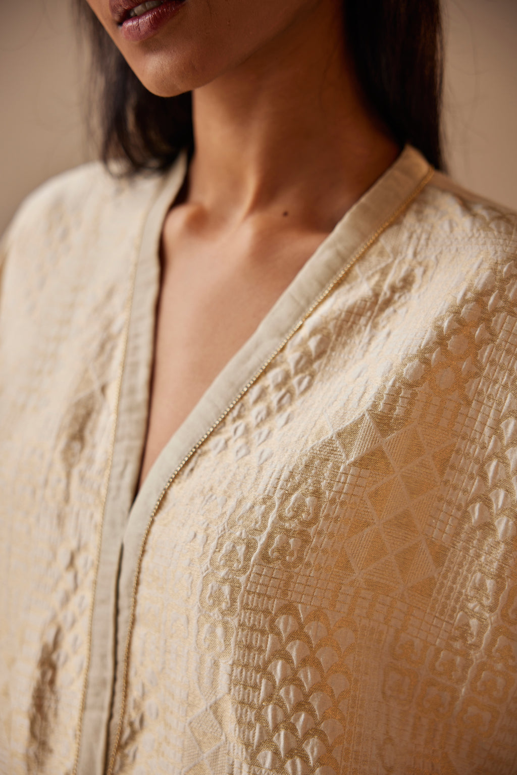 Shahi Kaftan in Ivory Brocade with Ivory Tissue Pant