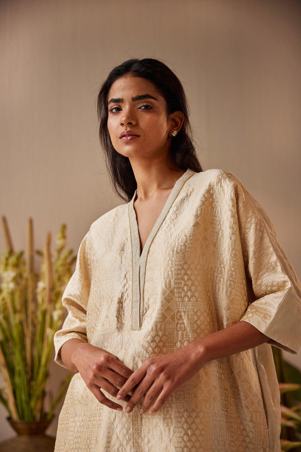 Shahi Kaftan in Ivory Brocade with Ivory Tissue Pant