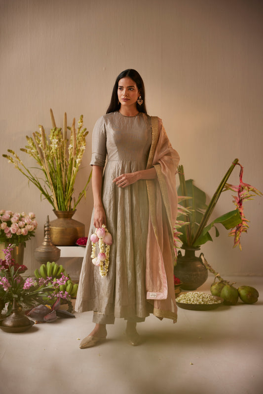 Tabu Anarkali in Smokey Grey Tissue with Tissue Pant