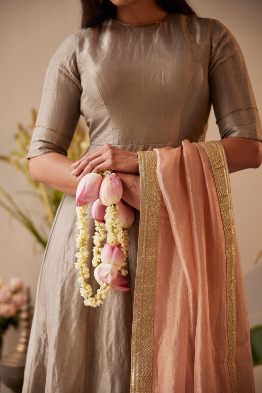 Dupatta in Pink Tissue Chanderi Stripes