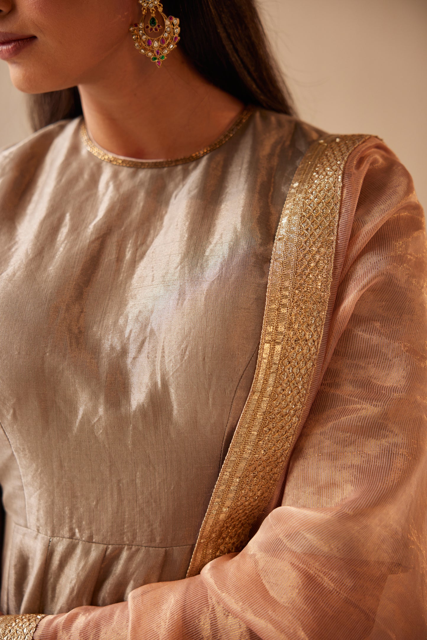 Tabu Anarkali in Smokey Grey Tissue with Tissue Pant