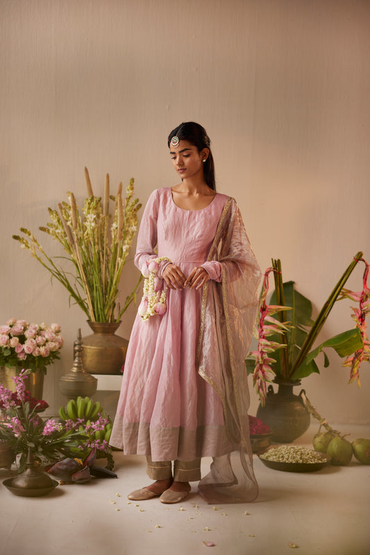 Kriti Anarkali in Rose Pink Tissue with Tissue Pant