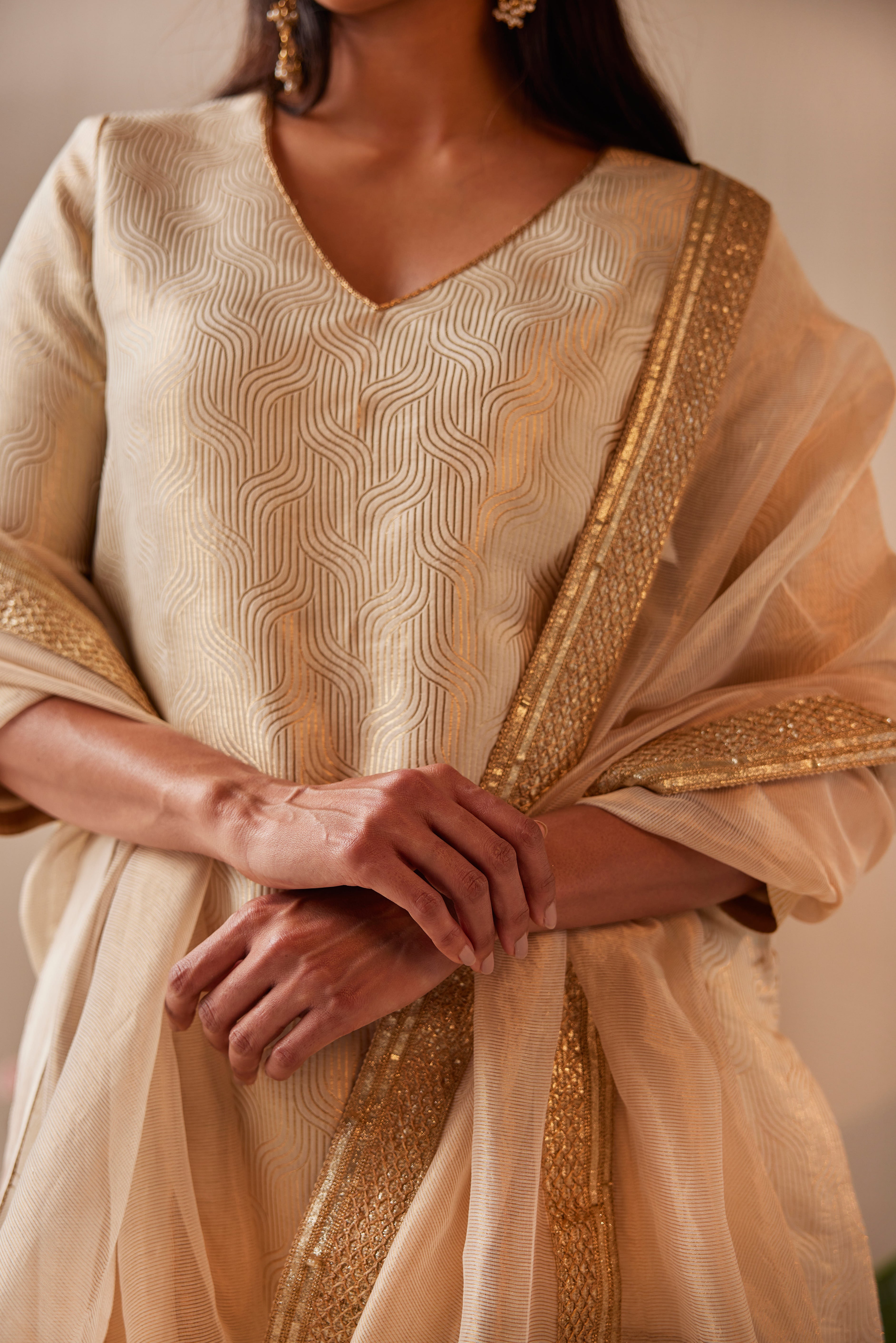 Dupatta in Ivory Tissue Chanderi Stripes
