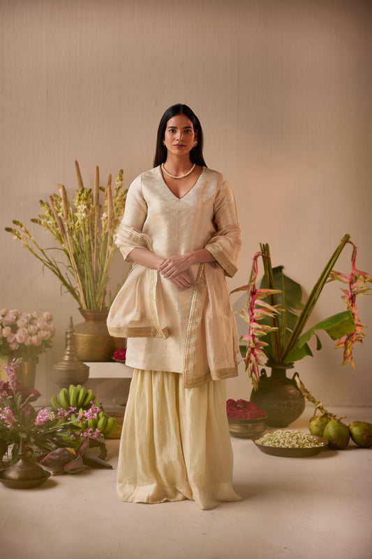 Anu Kurta in Ivory Brocade with Tissue Chanderi Sharara