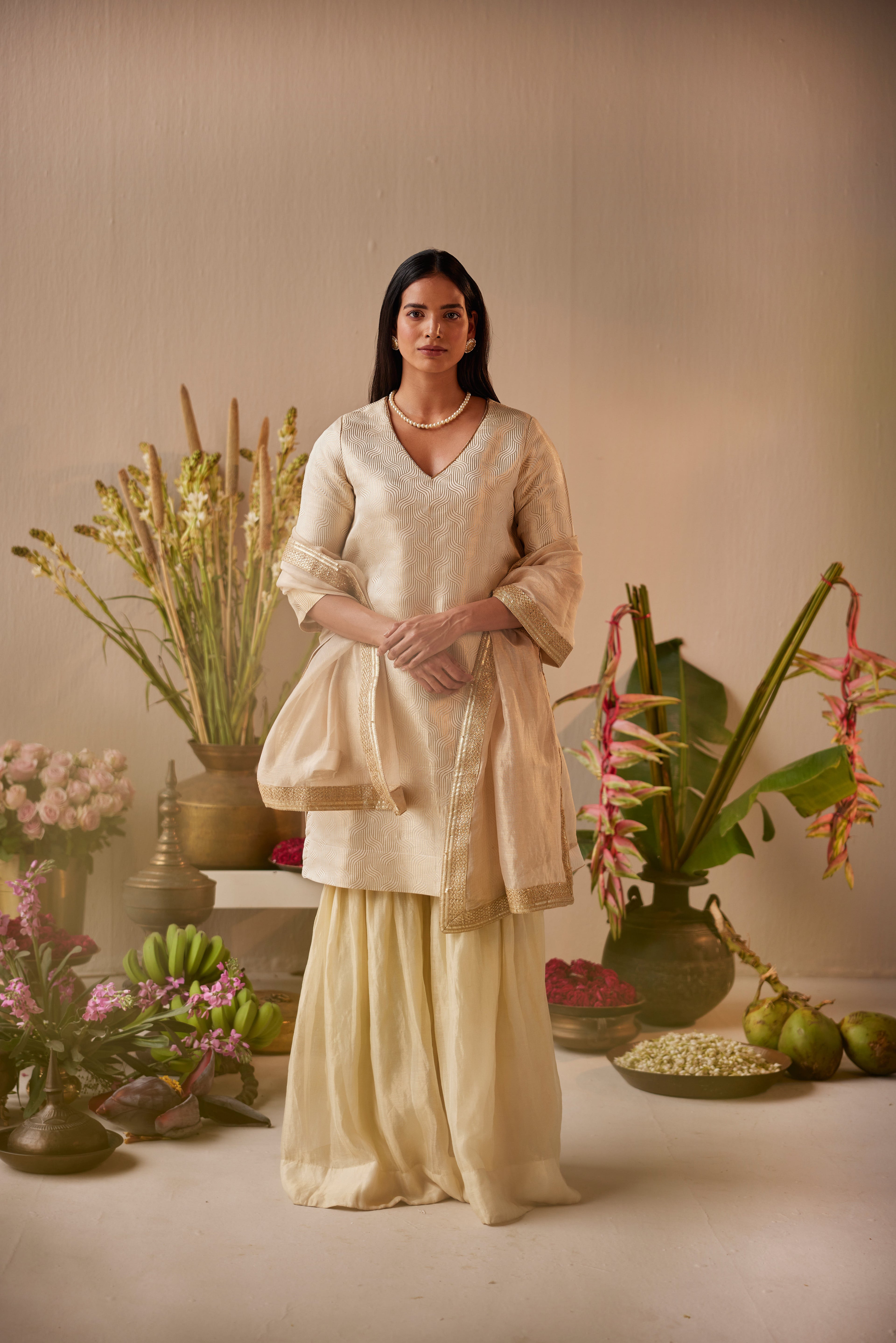 Dupatta in Ivory Tissue Chanderi Stripes