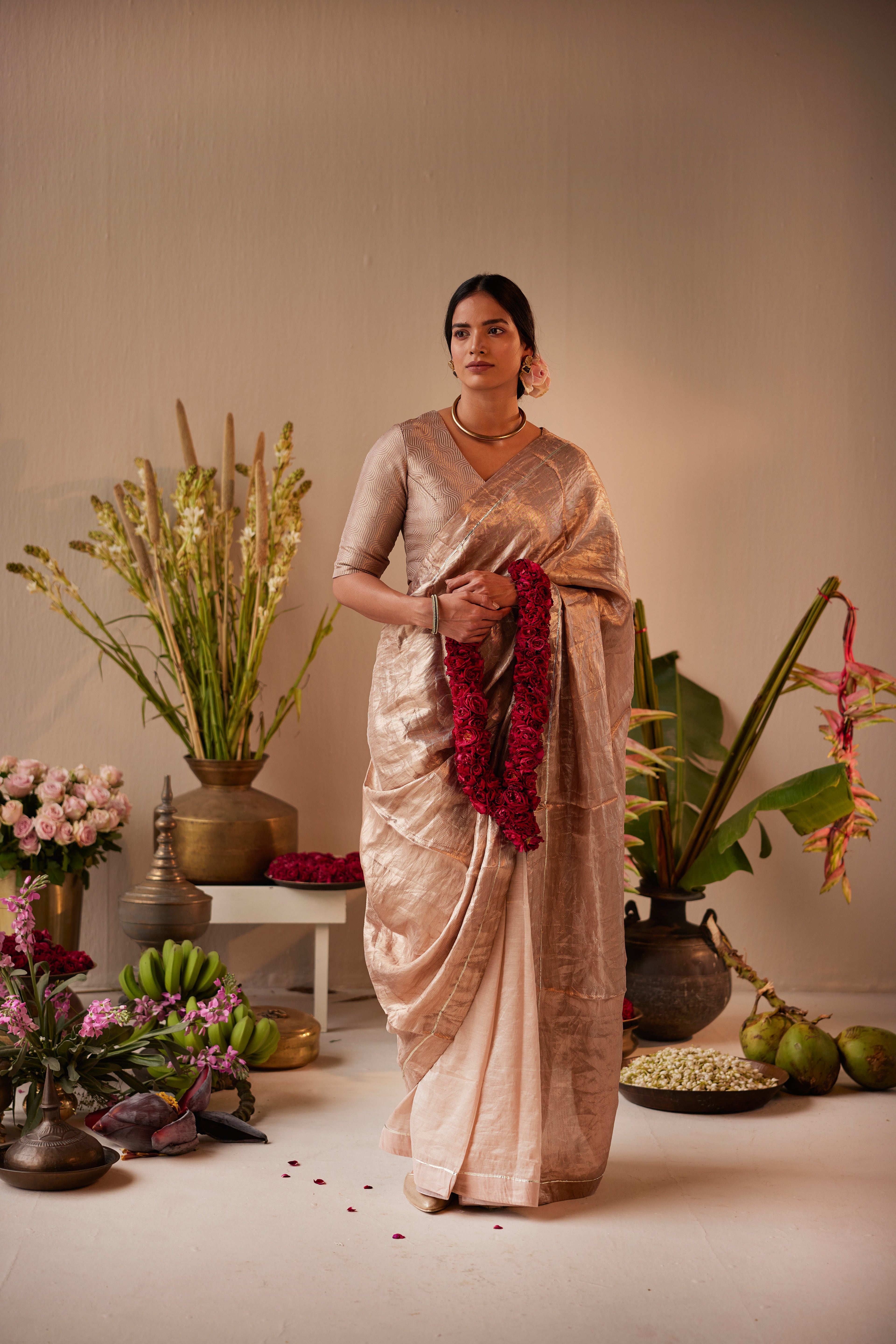 Saree in Dusty Pink & Silver Brocade Tissue