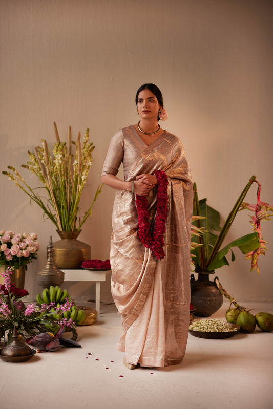 Saree in Dusty Pink & Silver Brocade Tissue