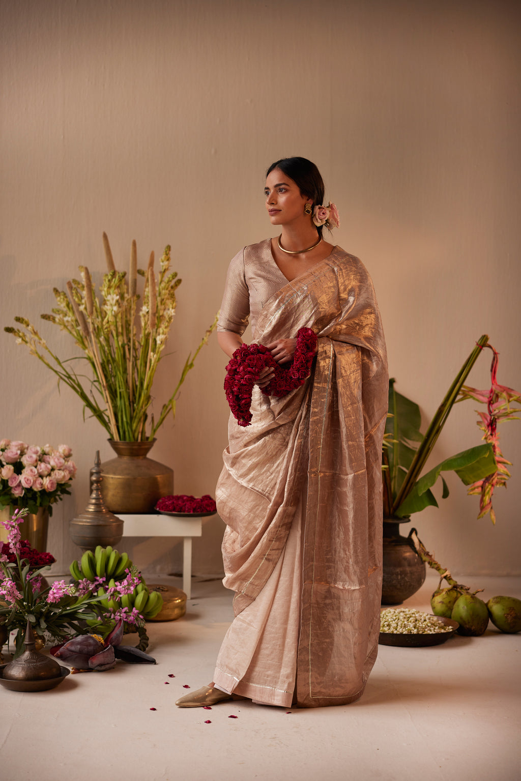 Saree in Dusty Pink & Silver Brocade Tissue