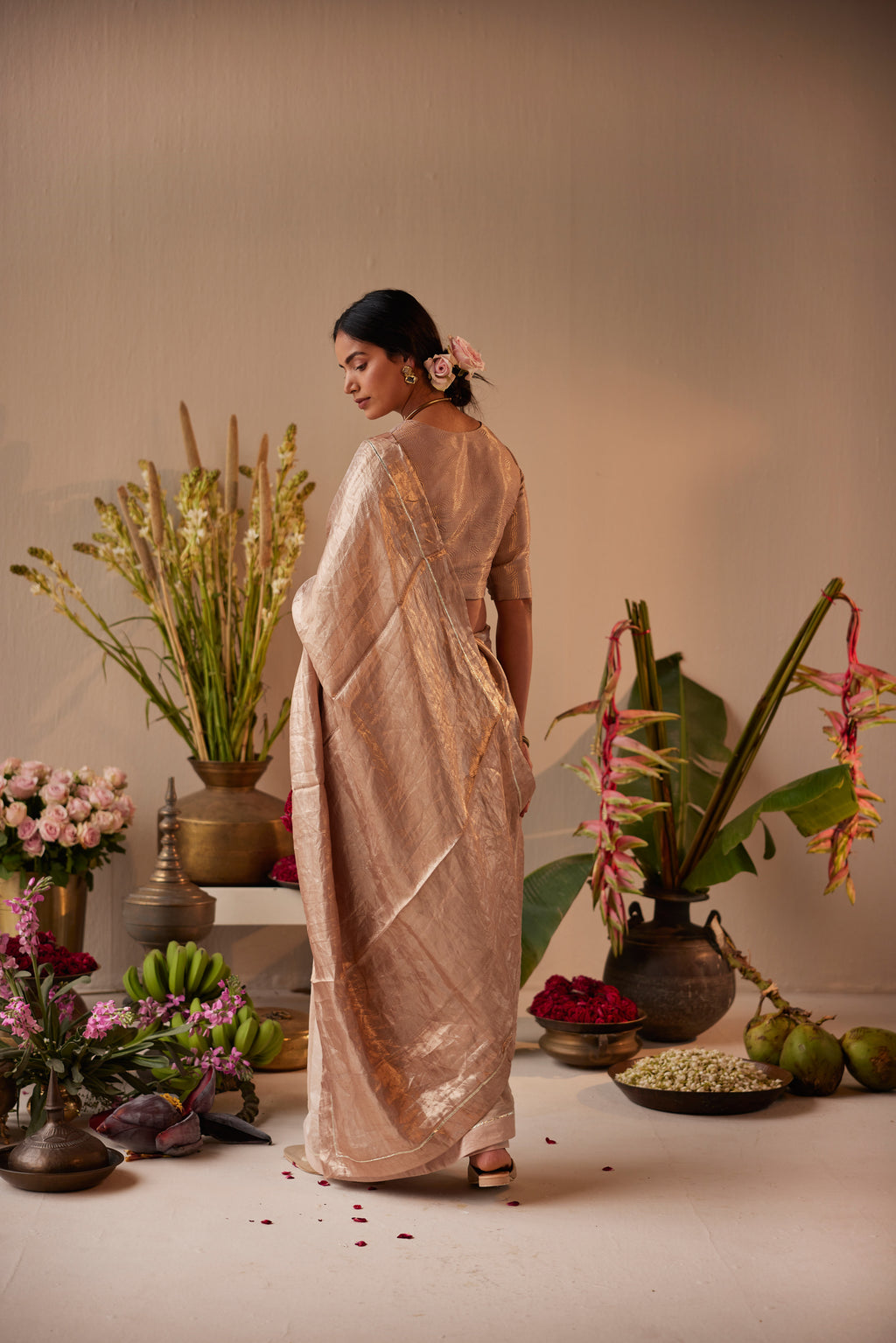 Saree in Dusty Pink & Silver Brocade Tissue