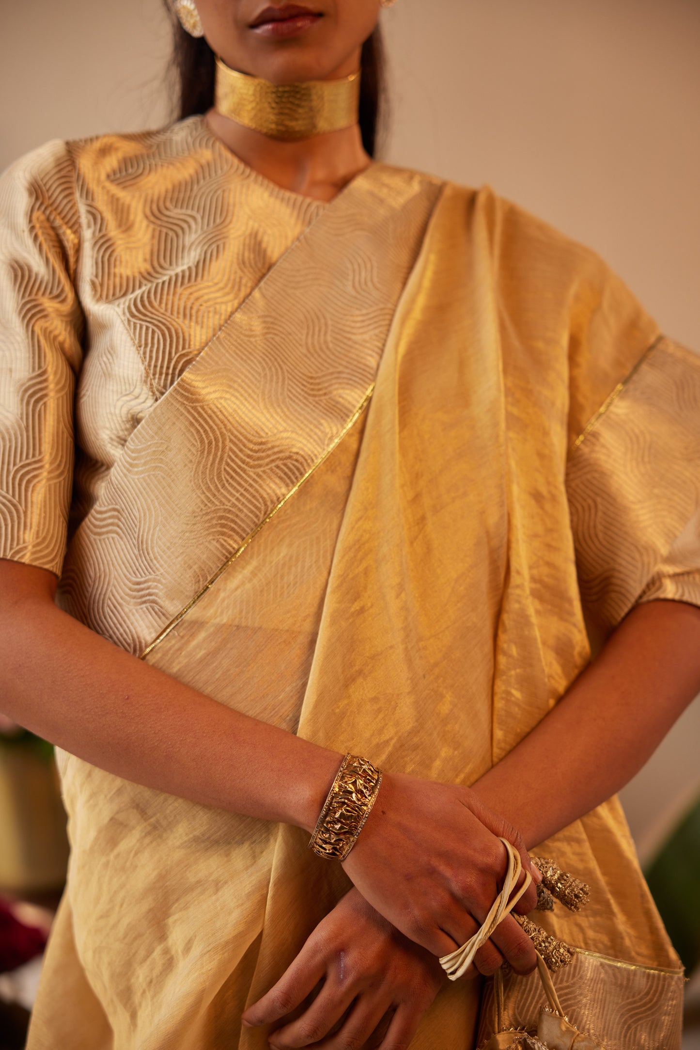 Saree in Pale Gold Tissue with Gold Brocade Border