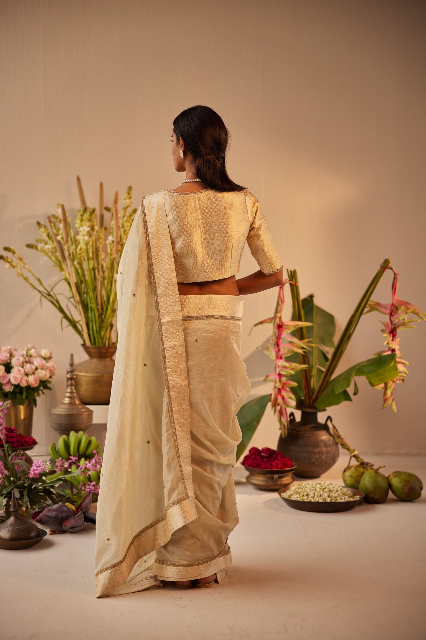 Saree in Ivory Tissue with Ivory Brocade Border