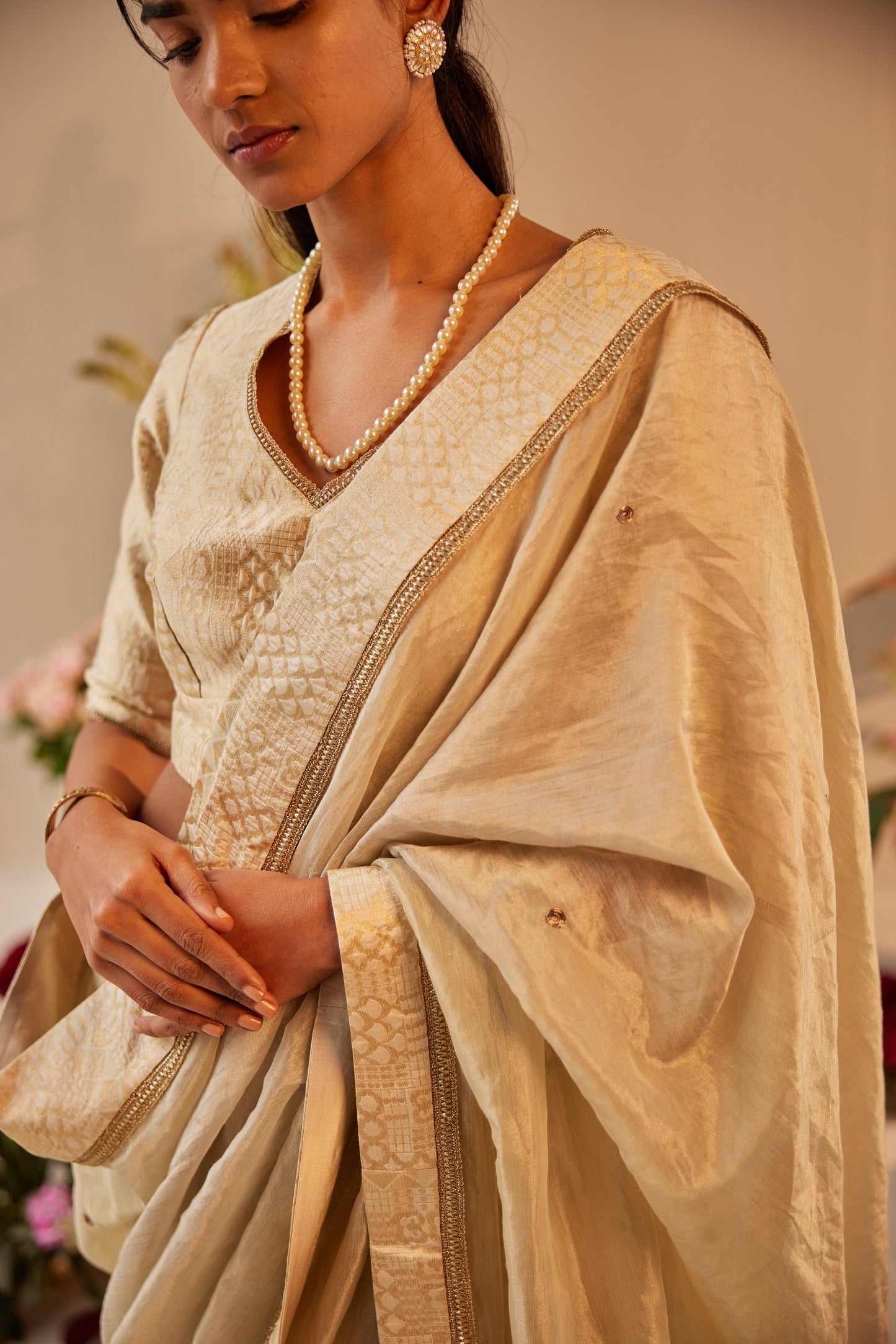 Saree in Ivory Tissue with Ivory Brocade Border