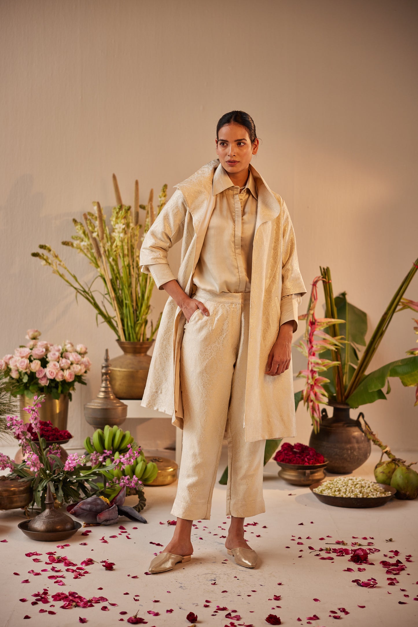 Sally Shirt in Ivory with Ivory Brocade Pant