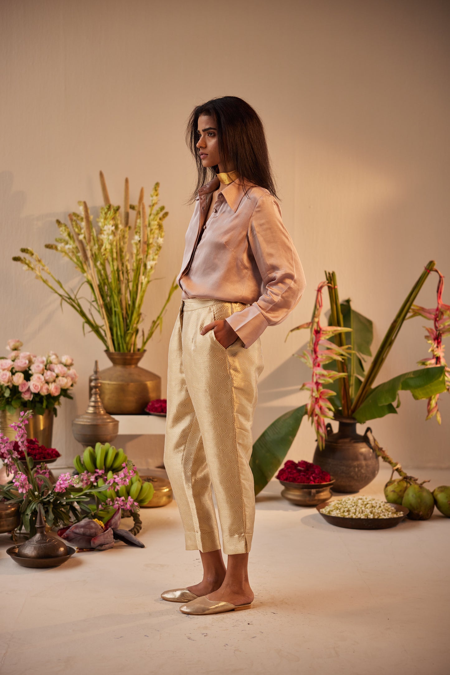 Sally Shirt in Nude with Gold Brocade Pant