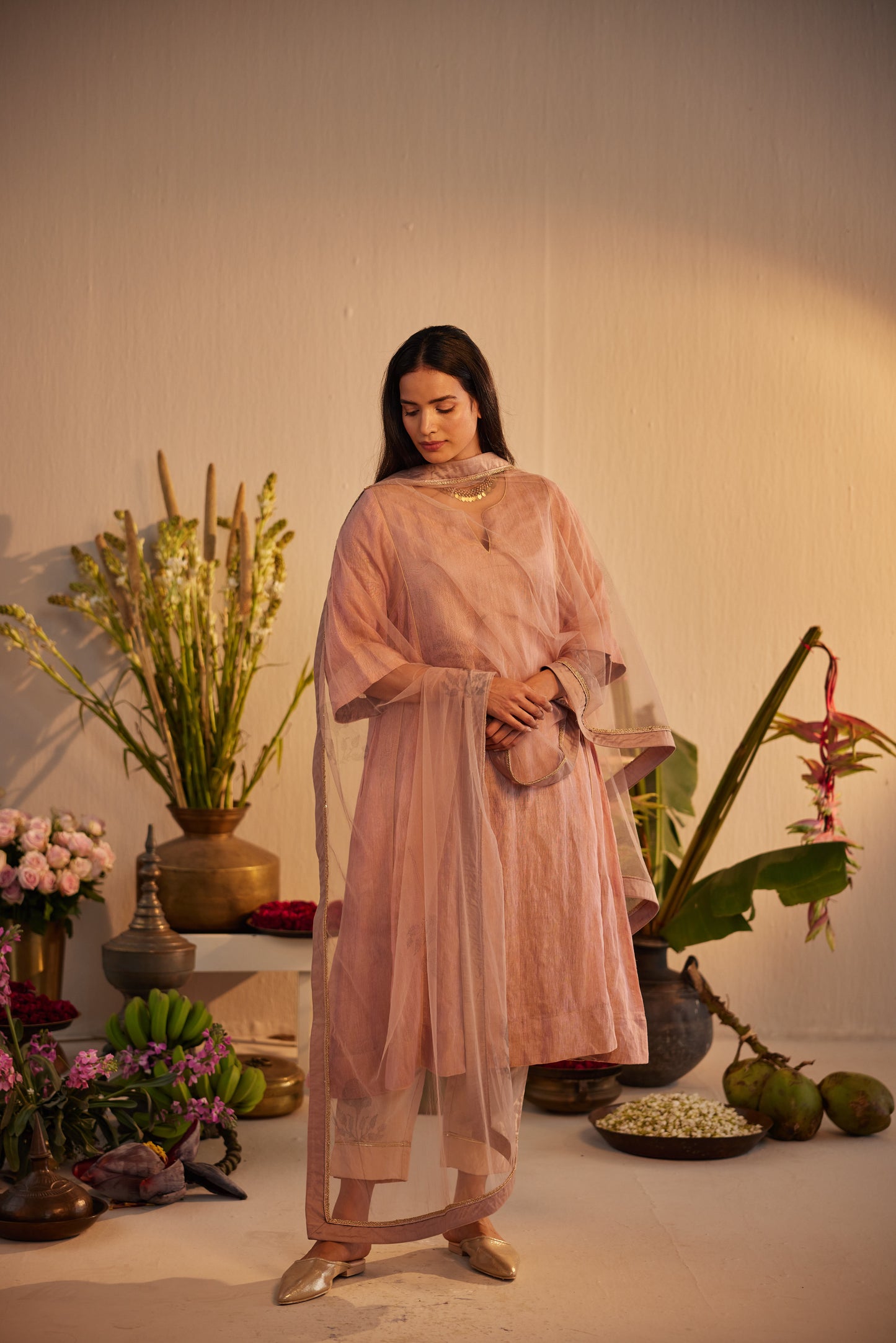 Choga Kurta in Pink Linen Tissue with Pant