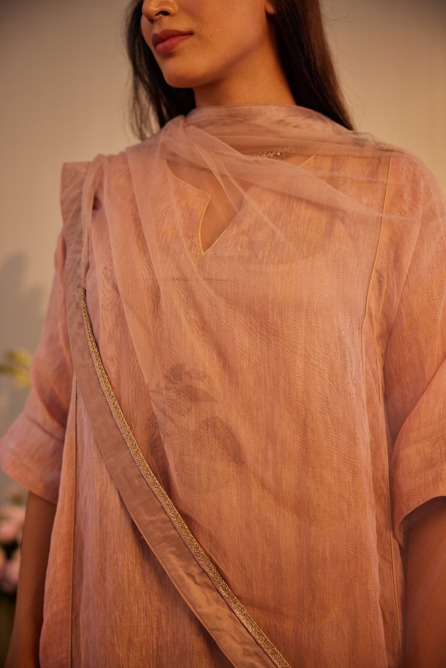 Choga Kurta in Pink Linen Tissue with Pant