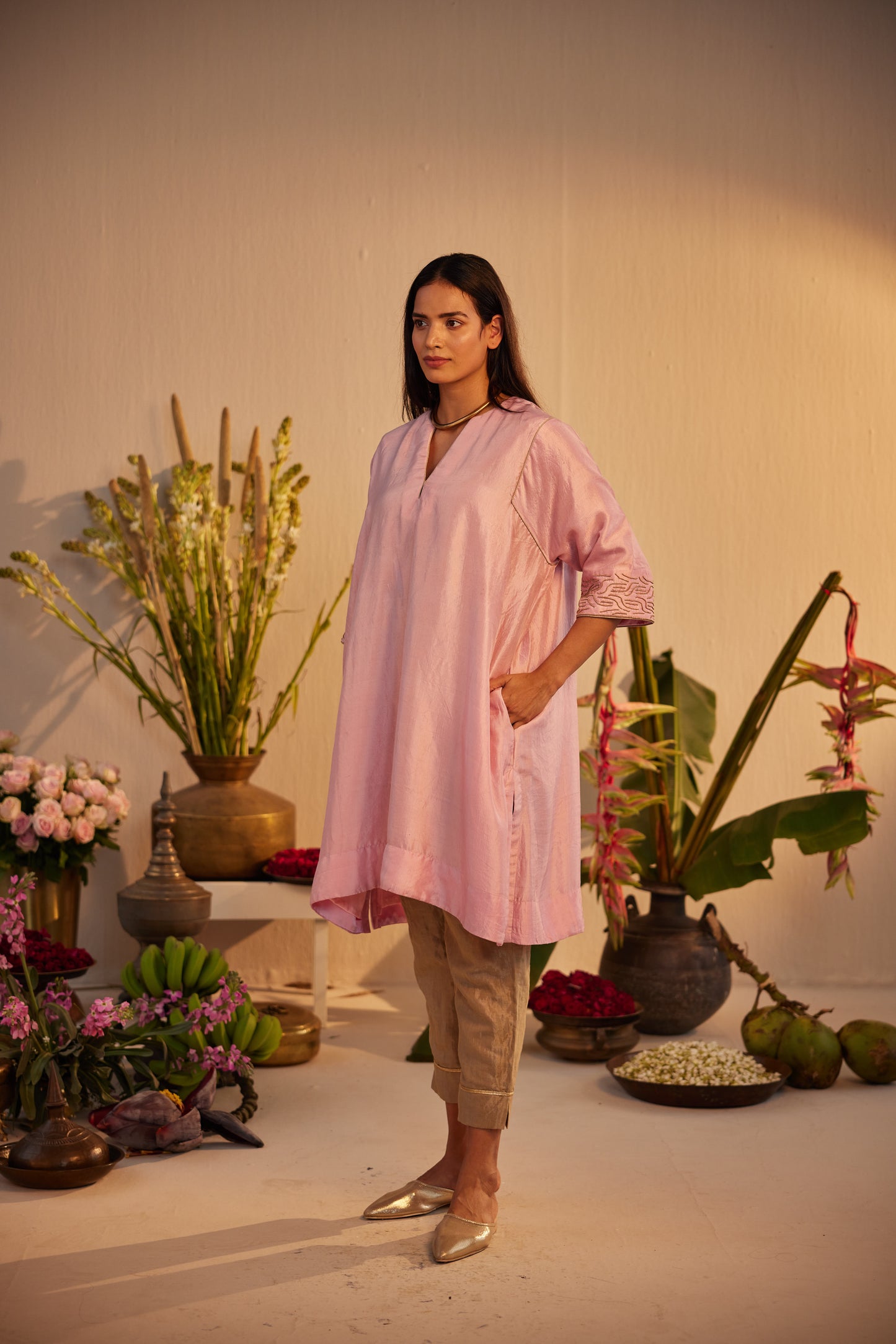 Jhabla Kurta in Rose Pink Silk with Tissue Pant