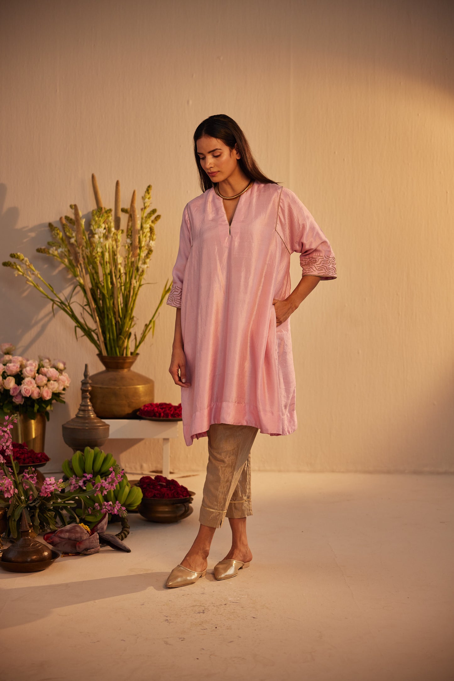 Jhabla Kurta in Rose Pink Silk with Tissue Pant