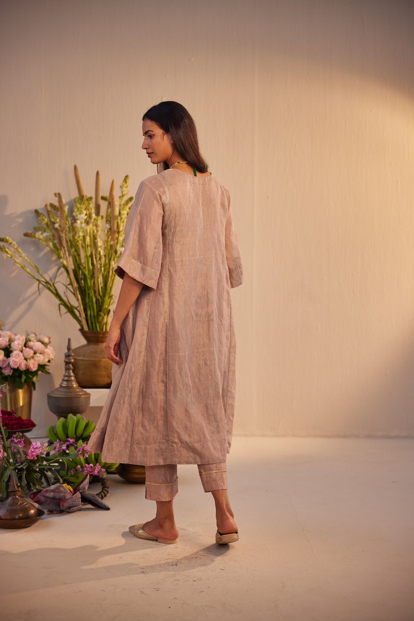 Choga Kurta in Nude Linen Tissue with Pant